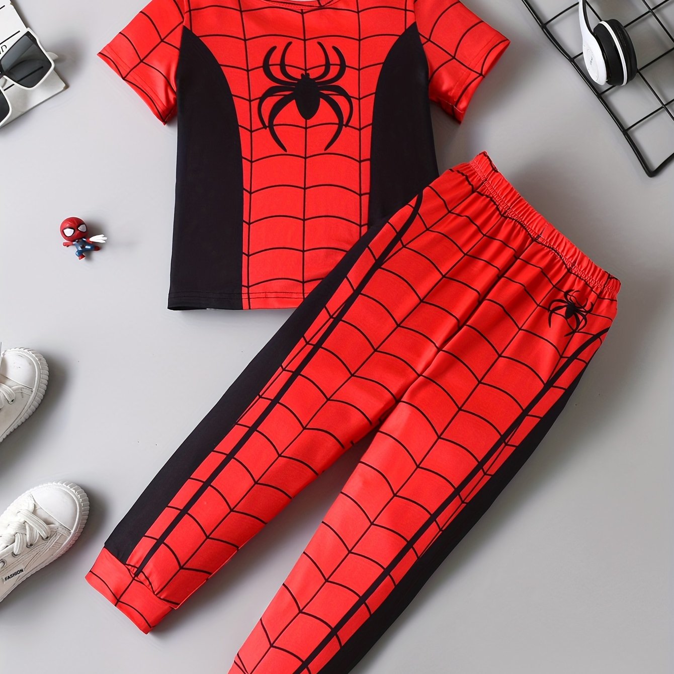 New Niche Spider Pattern Print For Boys, Boys' Spider Animal Pattern Short Sleeve And Long Pants 2pcs Set, Trendy And Fashionable Set, Halloween