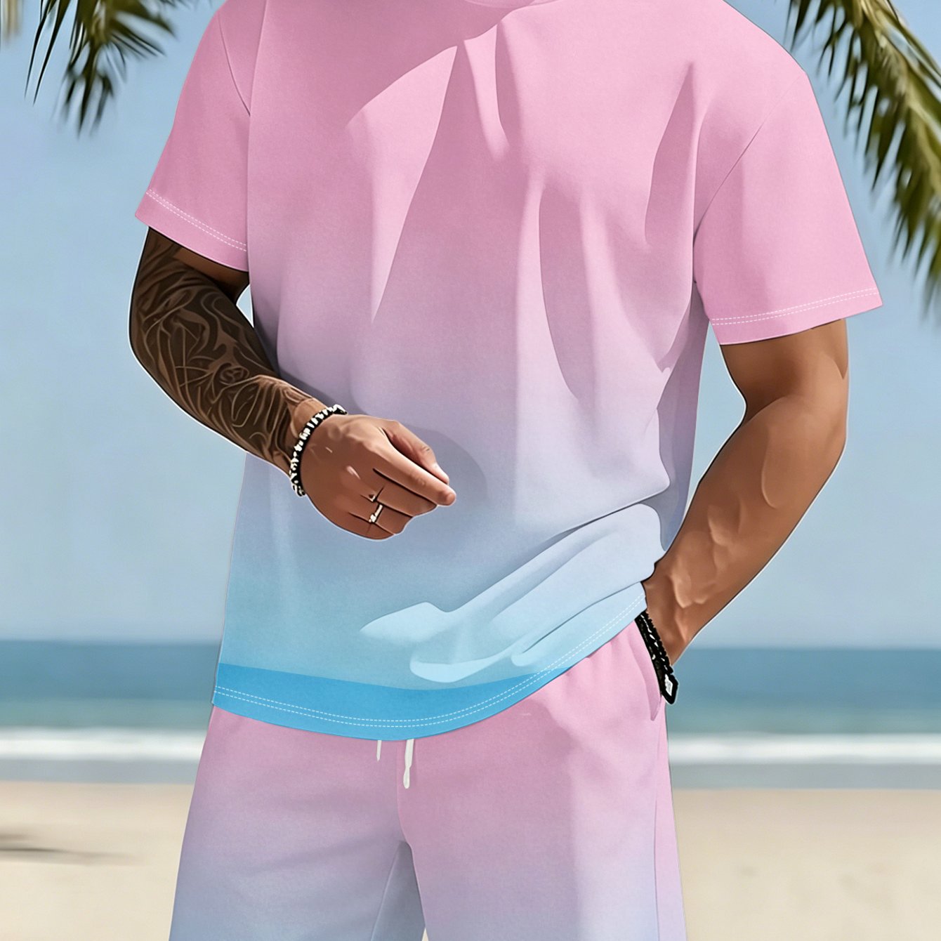 TEMU Men's Casual T-shirt And Shorts Outfit With Gradient Soft Background, Transition, Fresh Print, Summer Clothing, Comfortable Casual Print