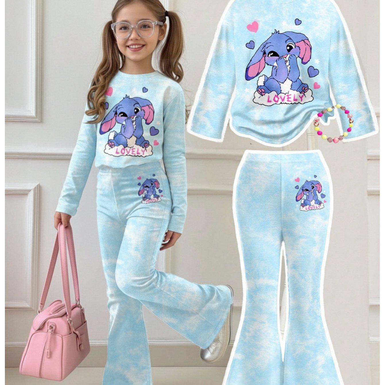 2pcs Blue Tie-dye Cute Cartoon Rabbit Print Long Sleeve Top And Flared Pants Set, Fashion With Cute Cartoon Rabbit And Heart Elements, Perfect For Outdoor