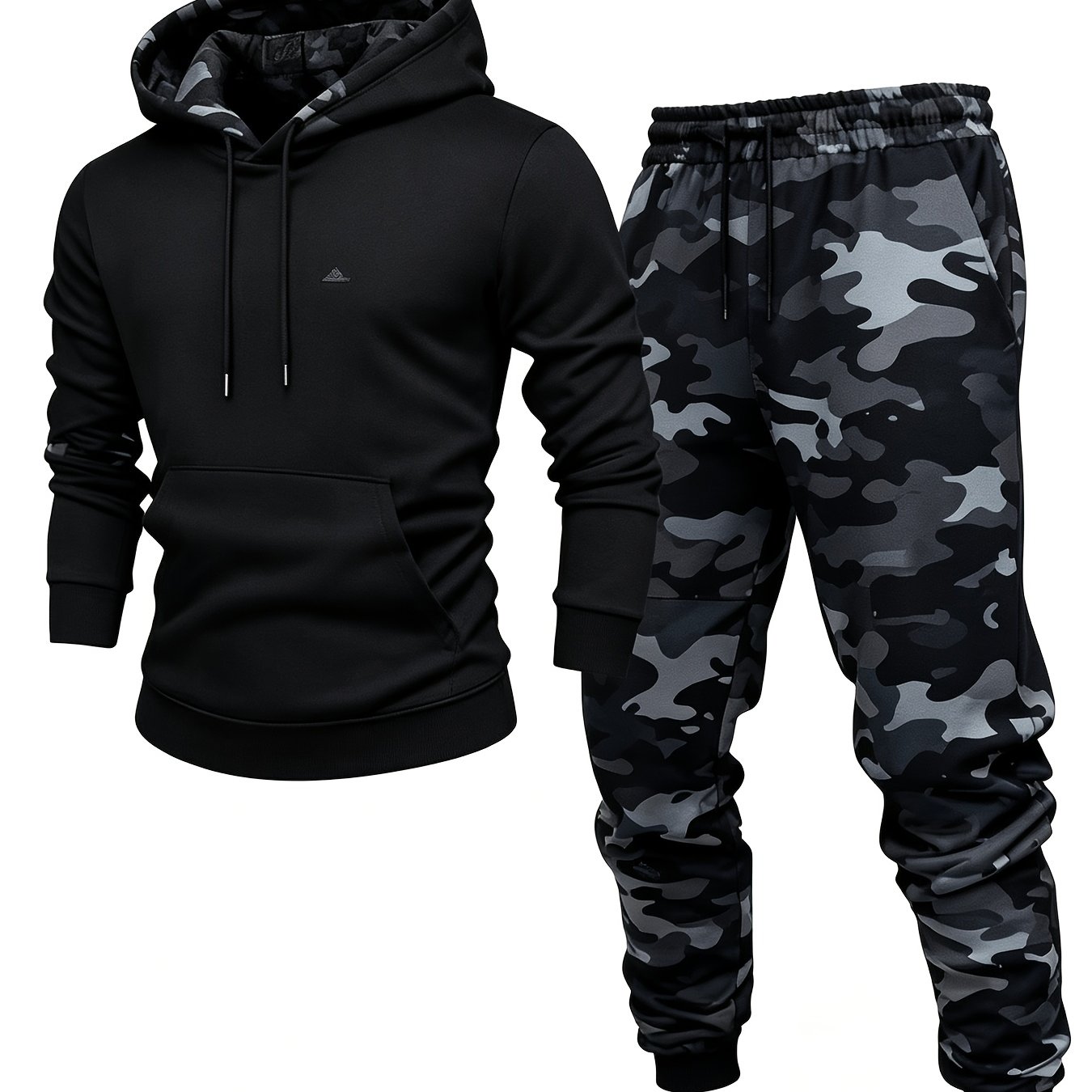 Image of Men's Black Plain Hoodie And Black Camo Jogger Pants 2pcs Set