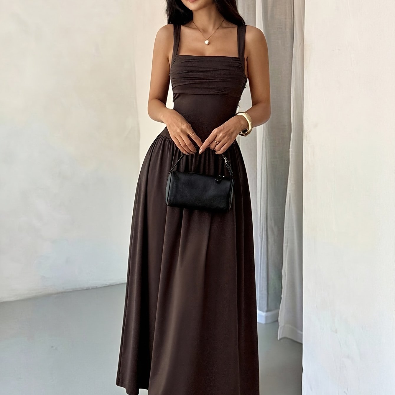 Image of Petite Women's Elegant Solid -neck Flared Skirt, Spring/summer Style, Elegant Women's Dress, New Year's Eve Gown, Elegant Party Dress, Elegant Women's Dress