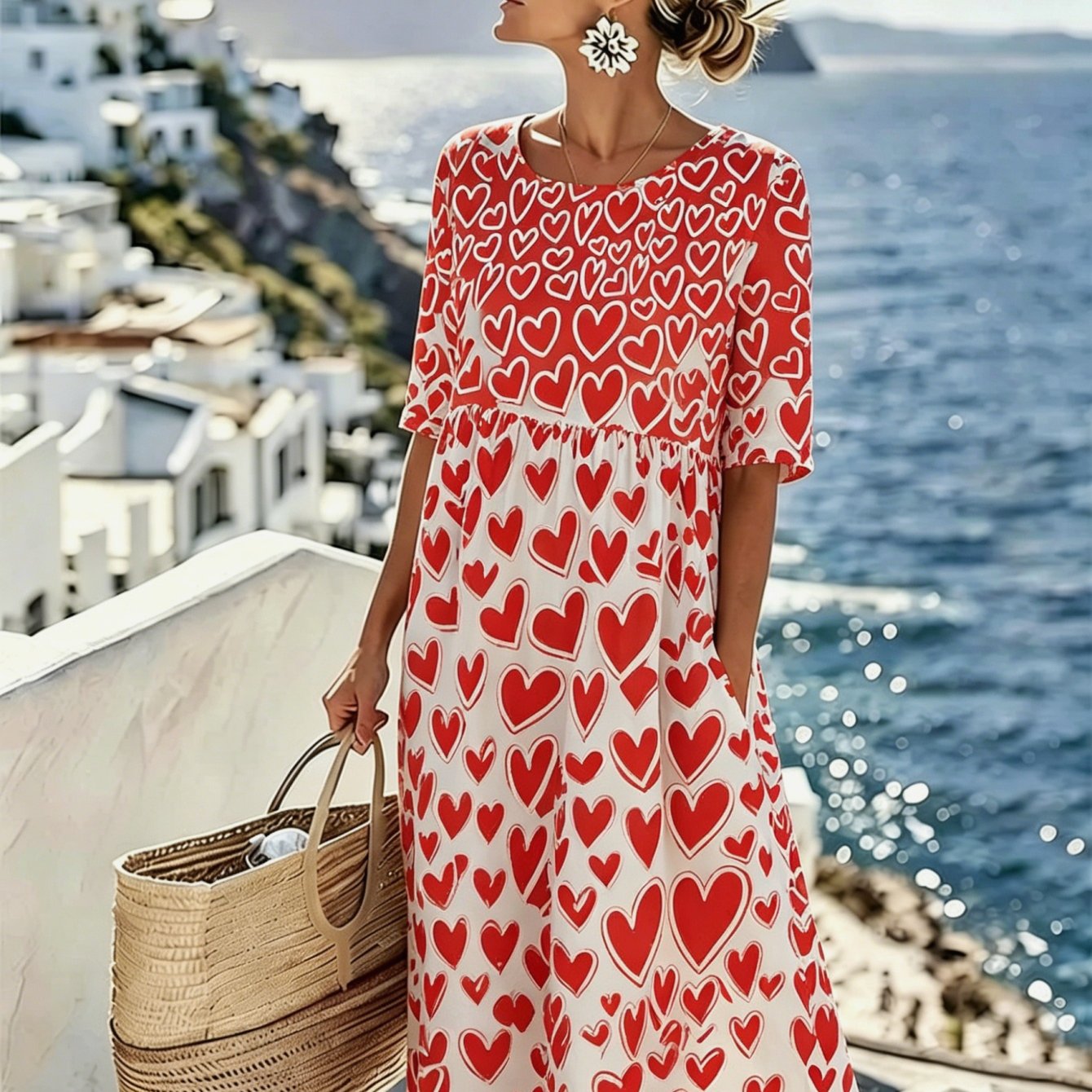 Image of 2026 New Y2k Style Green And -patterned Women's Summer Short-sleeved Dress, With Pockets, Suitable For Beach Vacations, Suitable For Summer Carnivals And Weekend City , Made Of Machine-washable Fabric