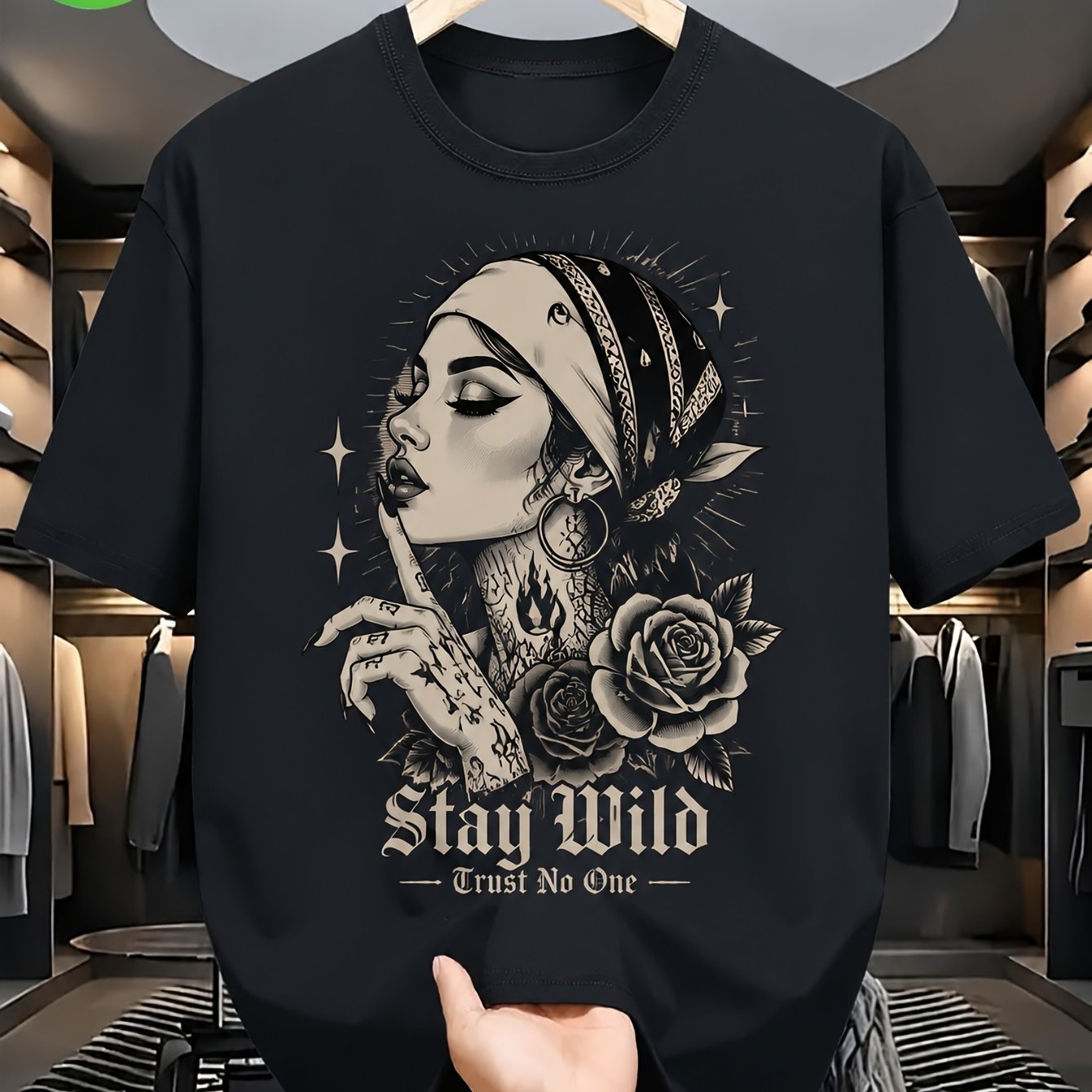 Image of Men's Tattooed Woman And Rose Graphic Short Sleeve T-shirt, Retro Streetwear Casual Tee With Print For Daily Wear And Weekend Outfits