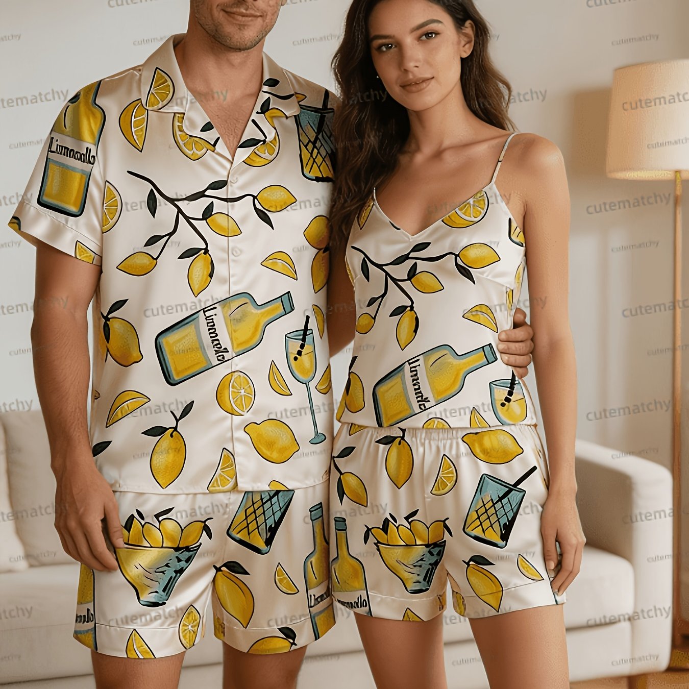 Image of Matching Couple Silk Pajama Set, Lemon & Limoncello Print Sleepwear, Soft Silky Short Sleeve Loungewear For Summer