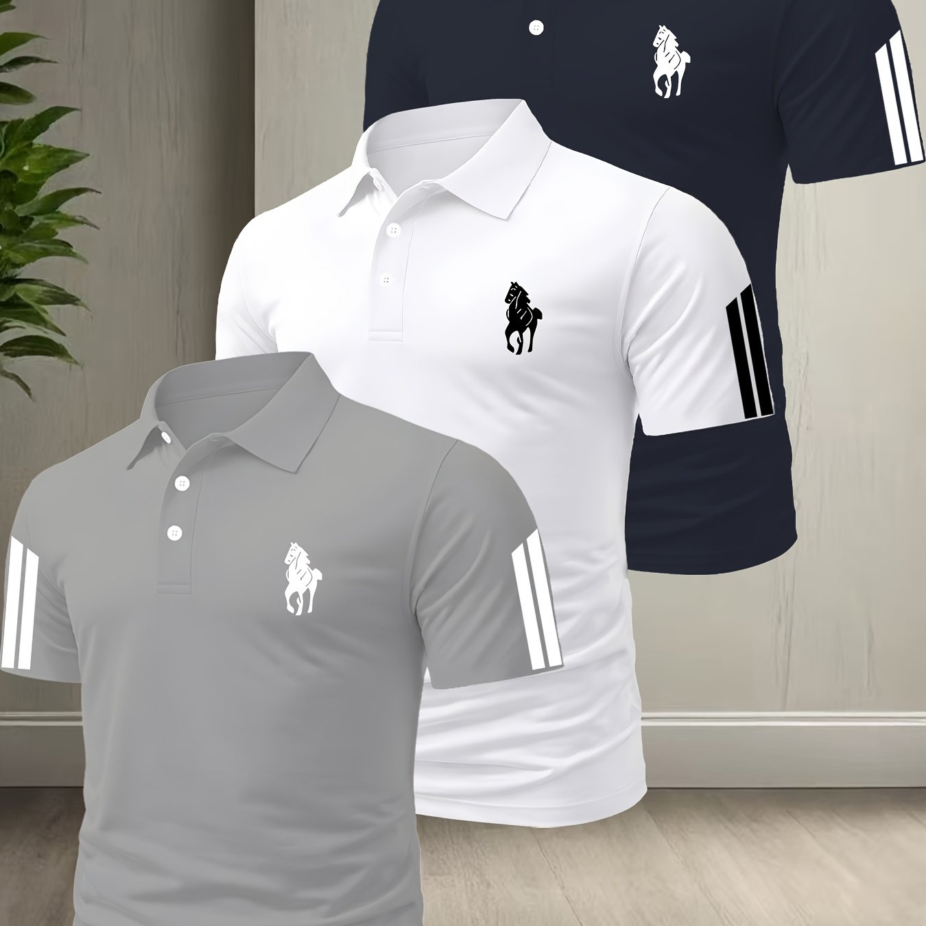 TEMU Premium Solid-color Shirt 3pcs Set, High-end Golf Outing Top