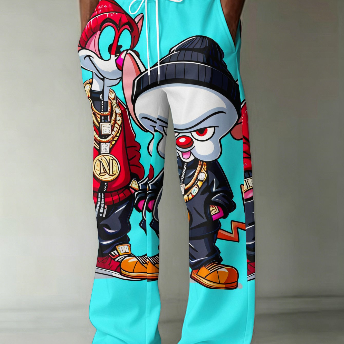 TEMU Fashion Print Men's Trousers With Wearing Trendy Clothes And Golden Chains In Different Poses, With A Blue Patterned Background, With Pockets,