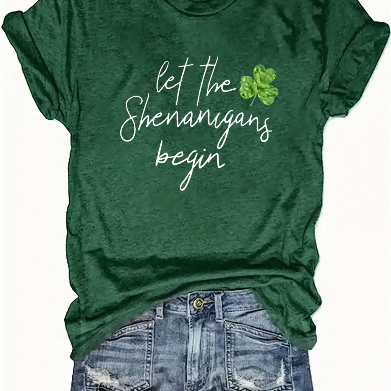 TEMU Women's 's Day "let The Begin" T-shirt - Dark Green Short Sleeve Top With Clover Print & Irish , Machine Washable Round Neck Blouse For Spring Festival & Irish Apparel