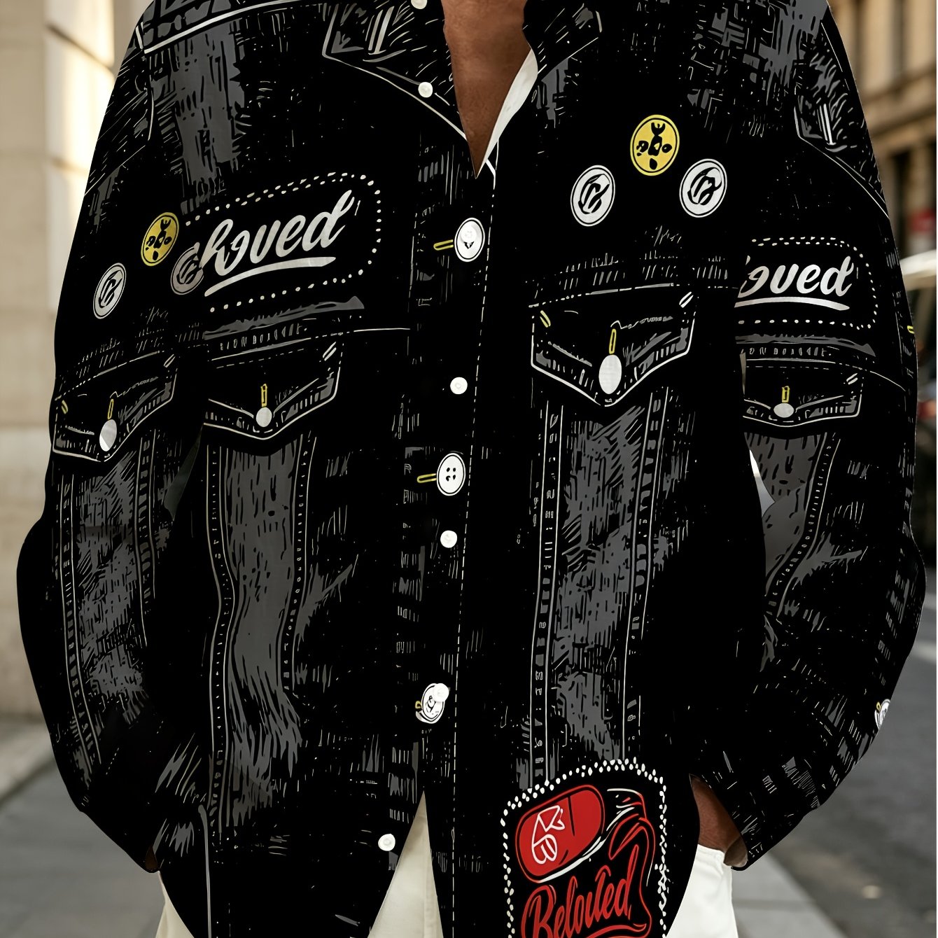 TEMU Old Money Outfits [printed Design - Not Textured] Men's Non-denim Fabric Long Sleeve Shirt, Men's Vintage Badge, Trendy Biker Style Long Sleeve