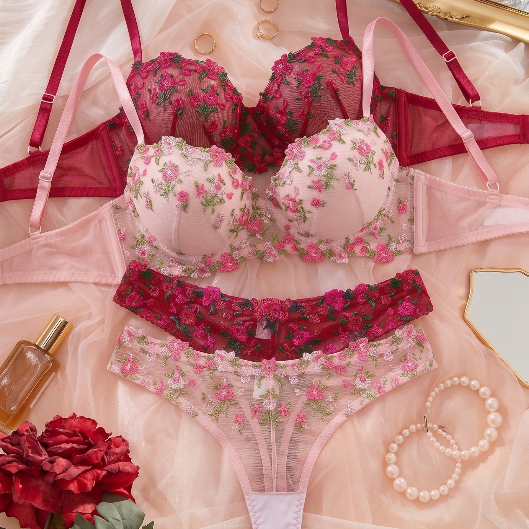 TEMU 4pcs Women's Lingerie Set, Floral Embroidered Bra With Underwire And Panties, Sweet And Sensual Aesthetic Underwear, Bra For Valentine's Day,