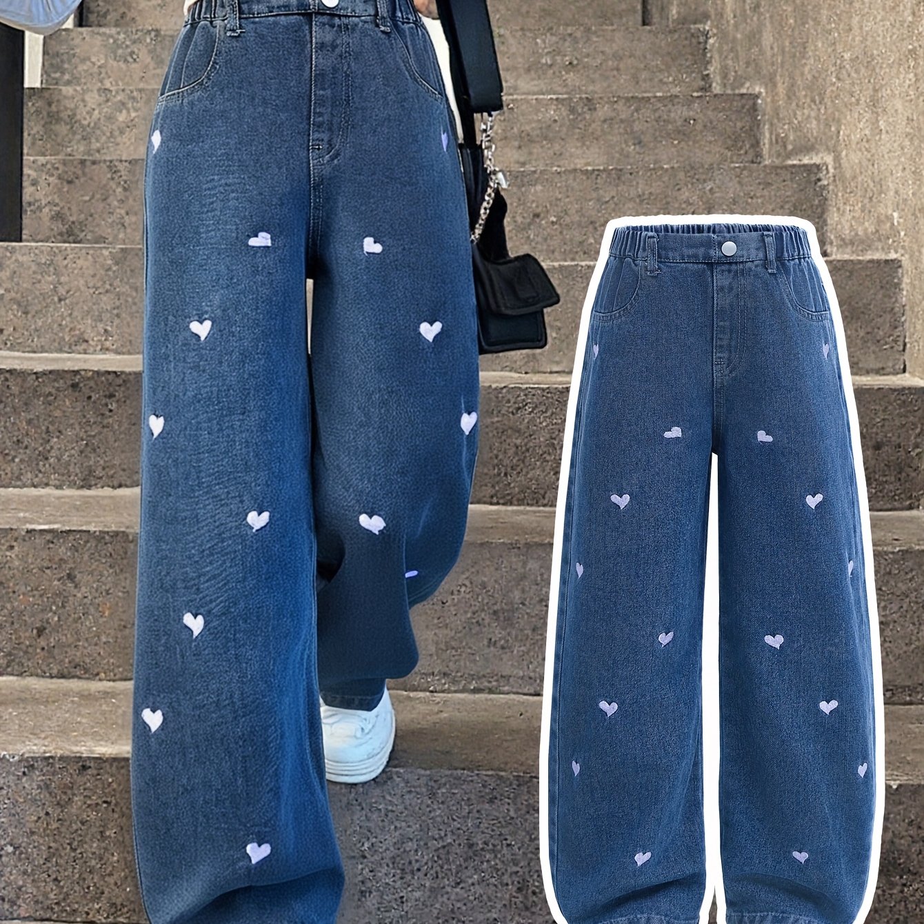 Image of New Y2k Style Loose Fit Straight-leg Blue Washed Denim Jeans With Heart Embroidery For Girls, Comfortable And Versatile Casual Attire