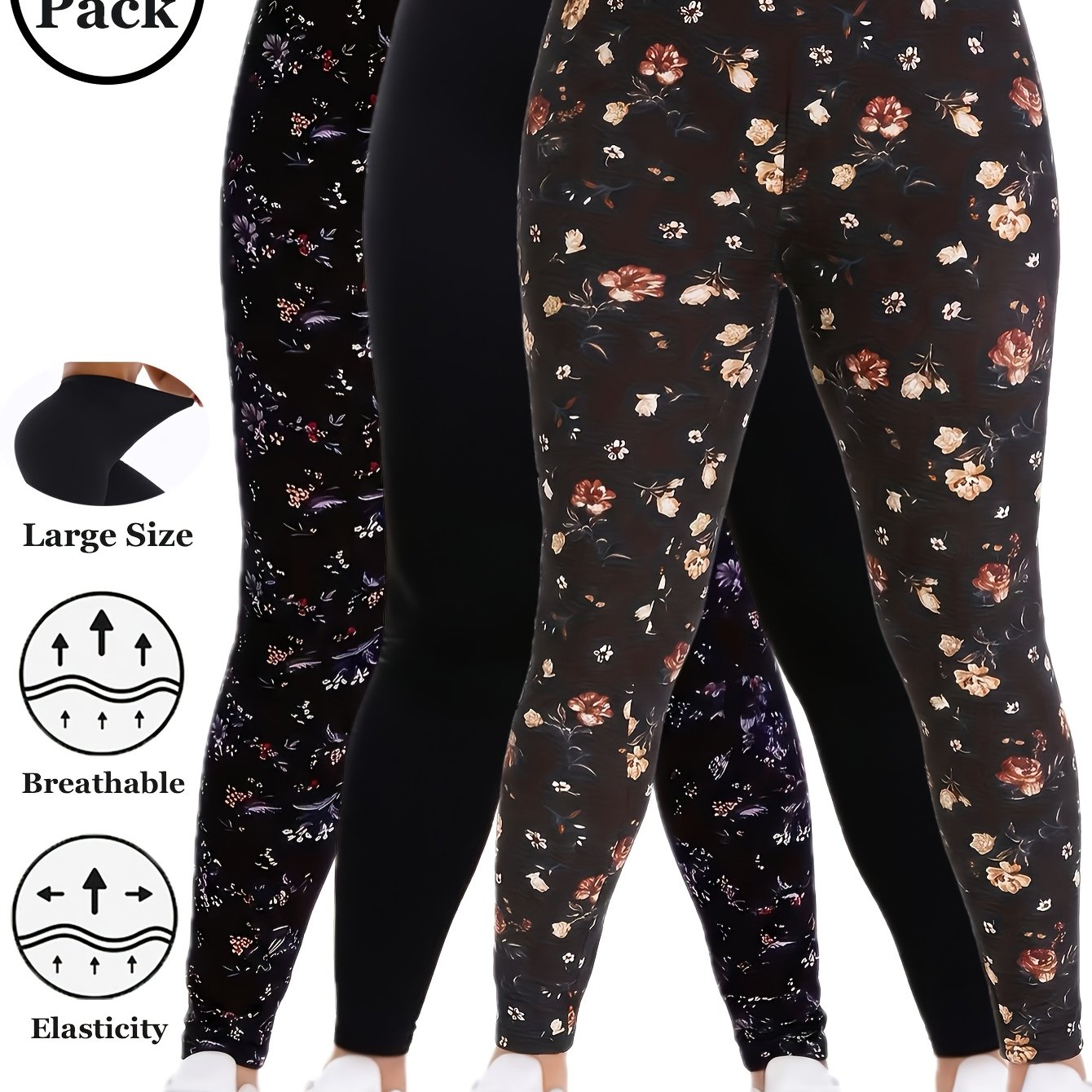 TEMU Plus Size, 3 Pack Women's Large Size Solid Color Floral Printing 3 Styles Combination Leggings High Stretch Fabric Breathable Not Tight Pants