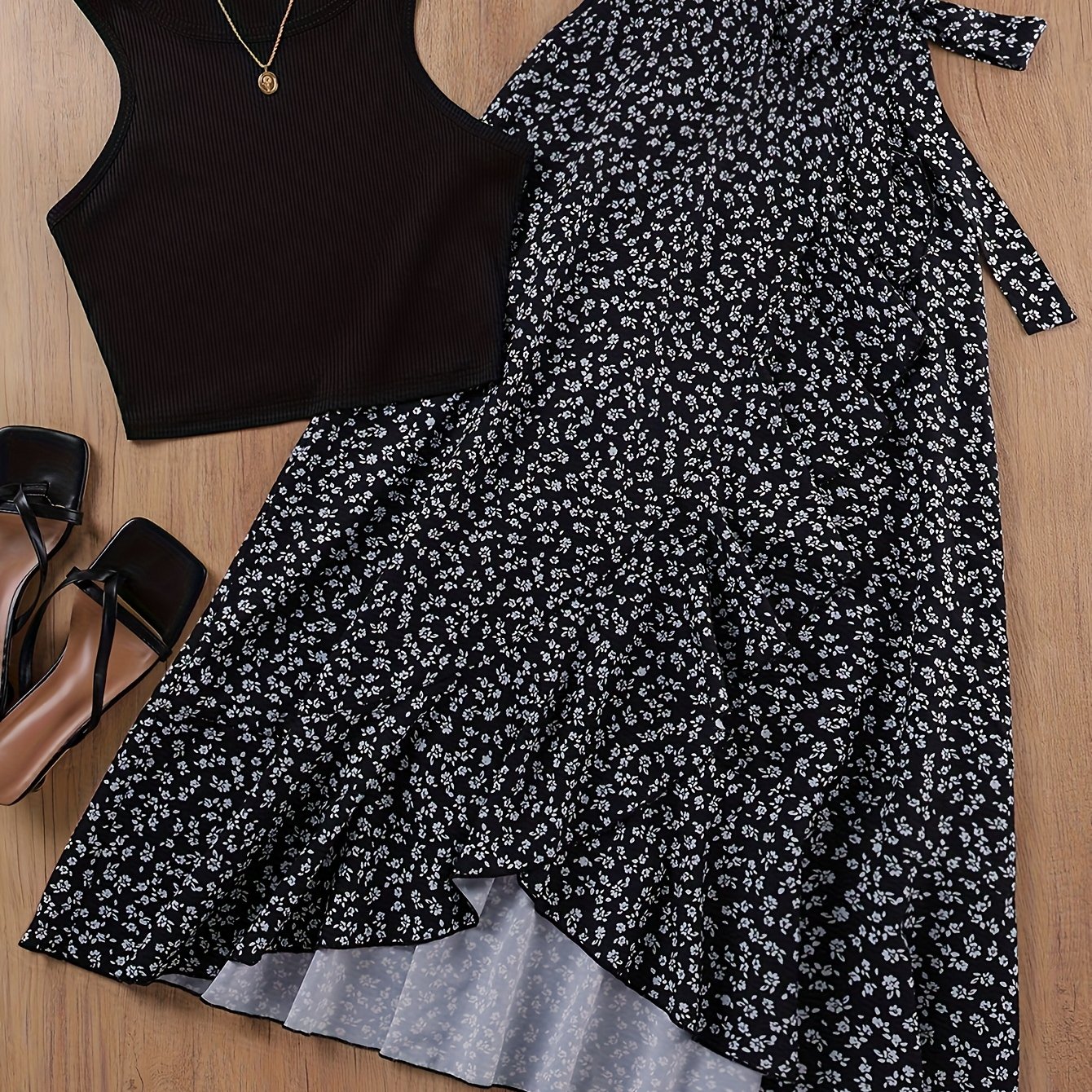 TEMU Jy0414043  Women' Color Top   Floral Skirt Two-piece Set
