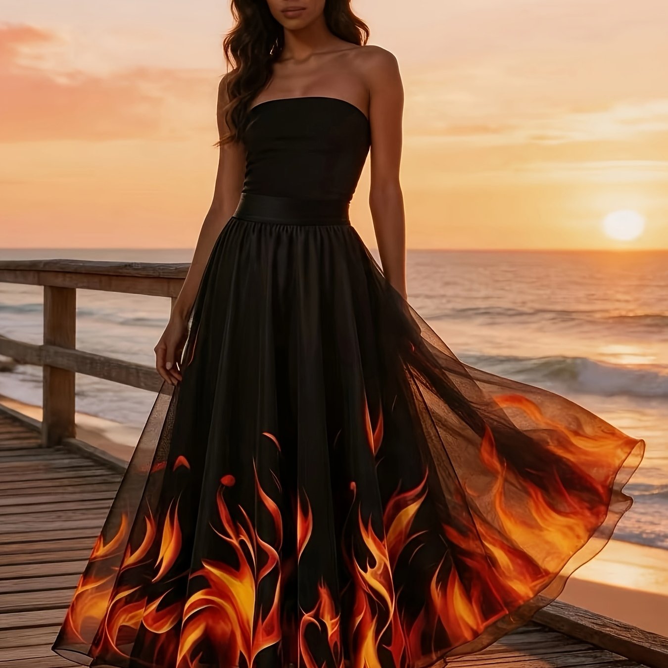 TEMU Nueva falda elegante de mujer con estampado de llamas en malla, vestido de talle , falda casual de oficina para vacaciones, para usar en todas