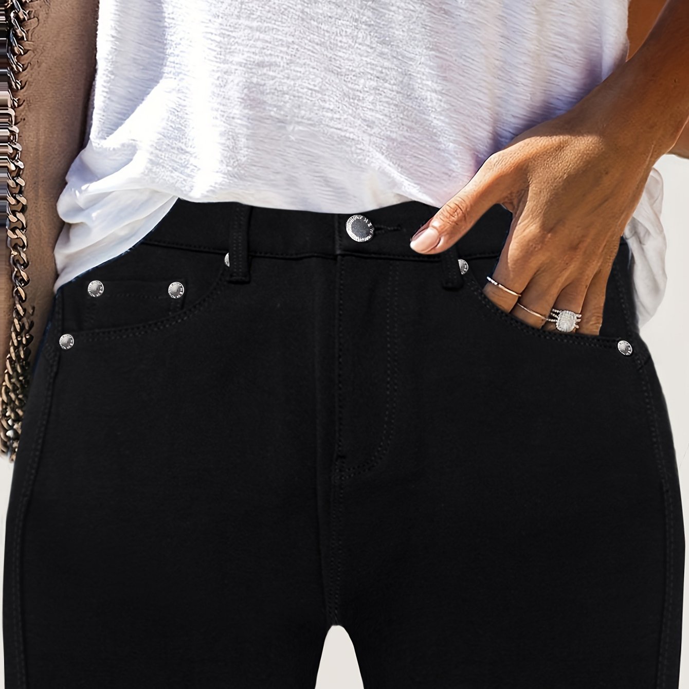 Image of Y2k High Waist Black Skinny Pants For Women - Stretchy Slim Fit Trousers With Metal Accents