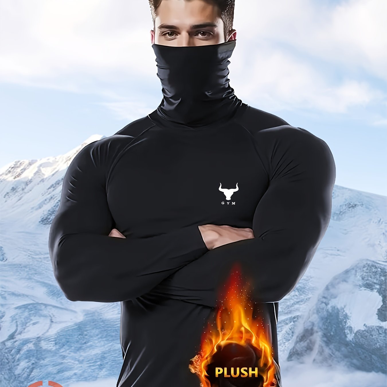 TEMU Gym Bull Men's Sports Shaping Compression Shirt, Autumn And Winter Fleece Style - 24-hour Warm Fleece Fabric &  â , High-neck Base Shirt,