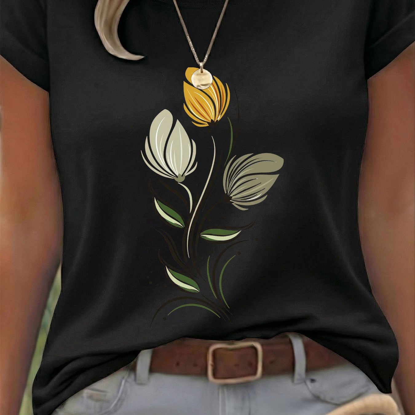A With Yellow And White Flowers Theme Pure T Shirt Women's T Shirt High Quality T Shirt Spring Summer Casual Wear Gift For Who
