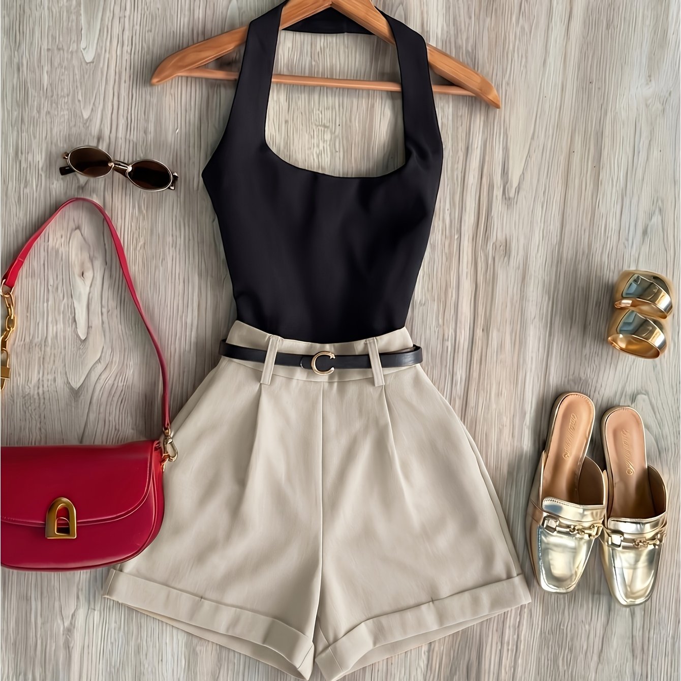 TEMU Conjunto Casual para Mujer de 2 Piezas: Top Halter Sin Espalda y Shorts, Ideal para Uso Diario, Trabajo y Compras. Cinturón No Incluido