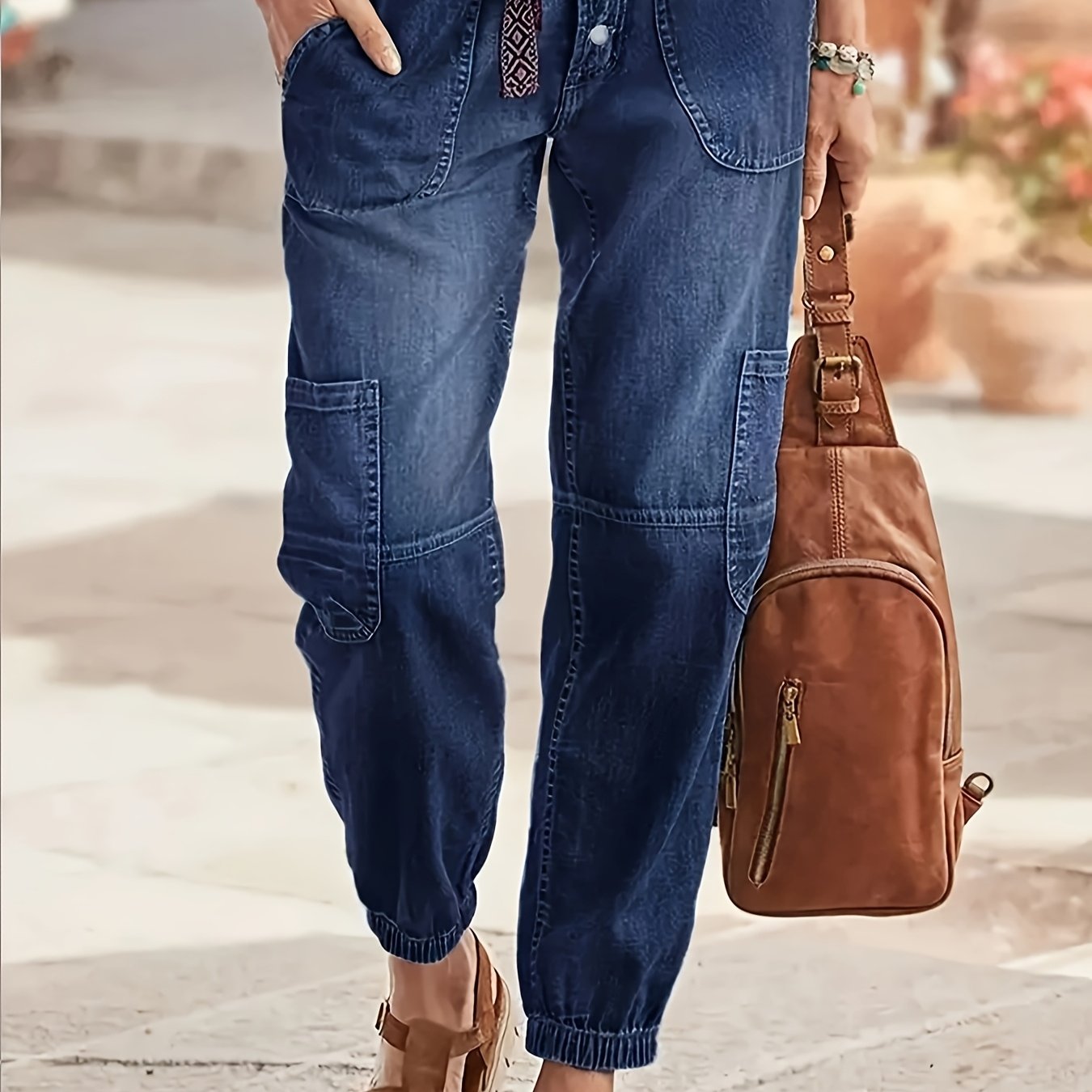 TEMU Hme Autumn/winter New Arrival - Elastic Cargo Ankle Pants With Multiple Pockets, Heavy Wash Vintage Blue, Versatile Fashion Casual Denim Women's