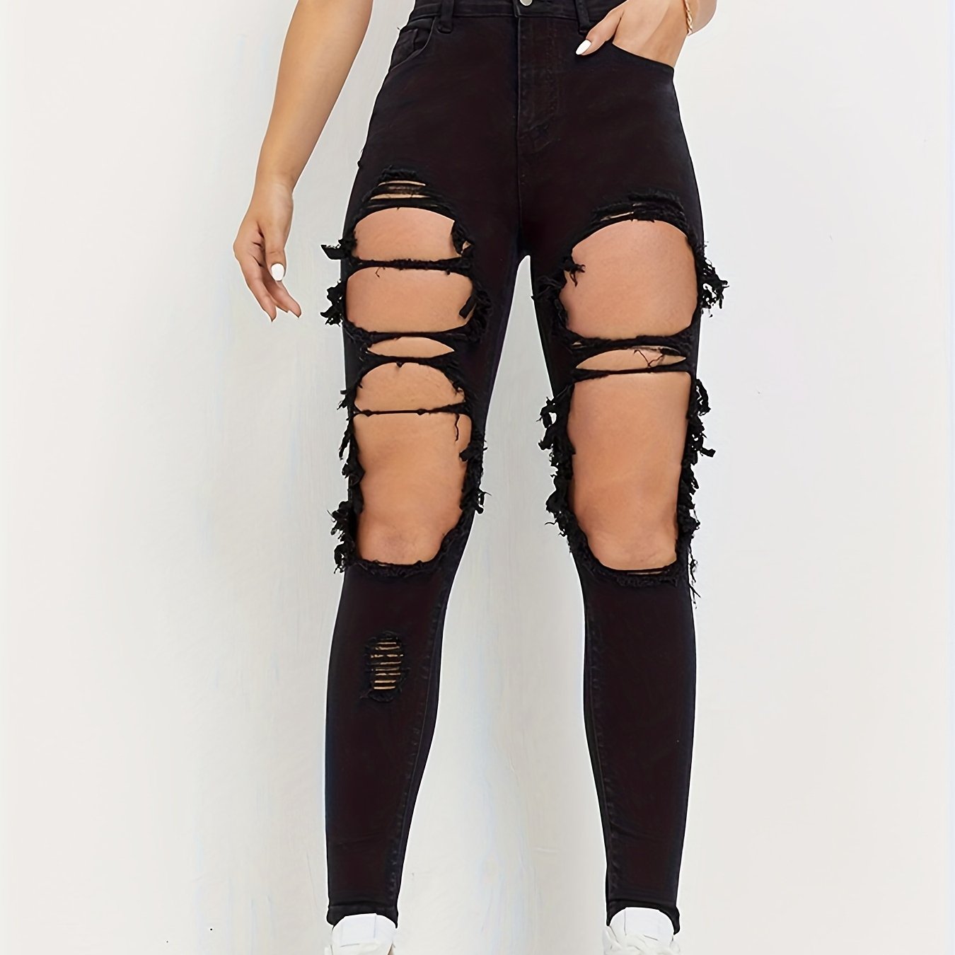 Women's Black Ripped Skinny Jeans Ripped Holes Skinny Jeans - Temu United  Arab Emirates