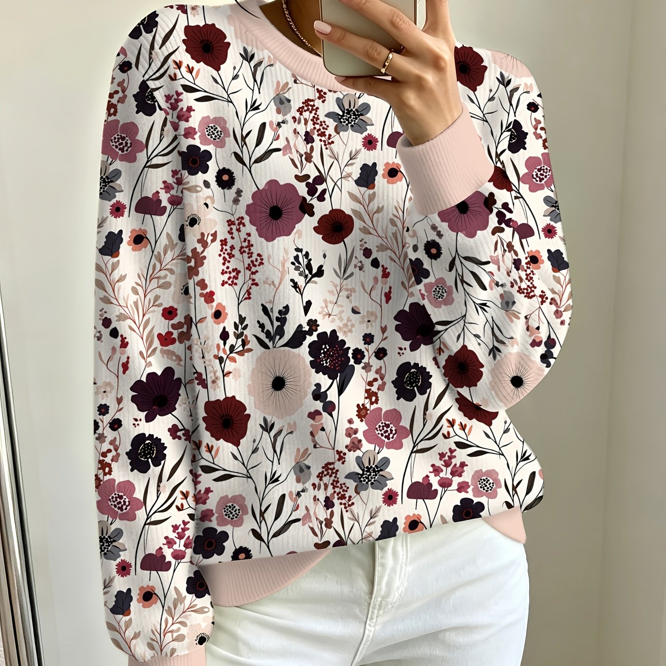 TEMU Women's Retro Floral Printed Crew Neck Sweatshirt Spring And Autumn New Loose Long Sleeves Pastoral Style Floral Pattern Casual All-matching