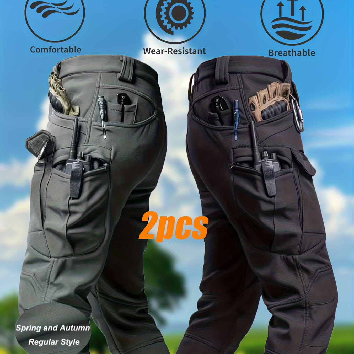 item picture 2pcs mens multi pocket multi functional   cargo pants durable polyester fabric loose     solid   hiking casual trousers     tool storage pockets reinforced stitching design lightweight functionality