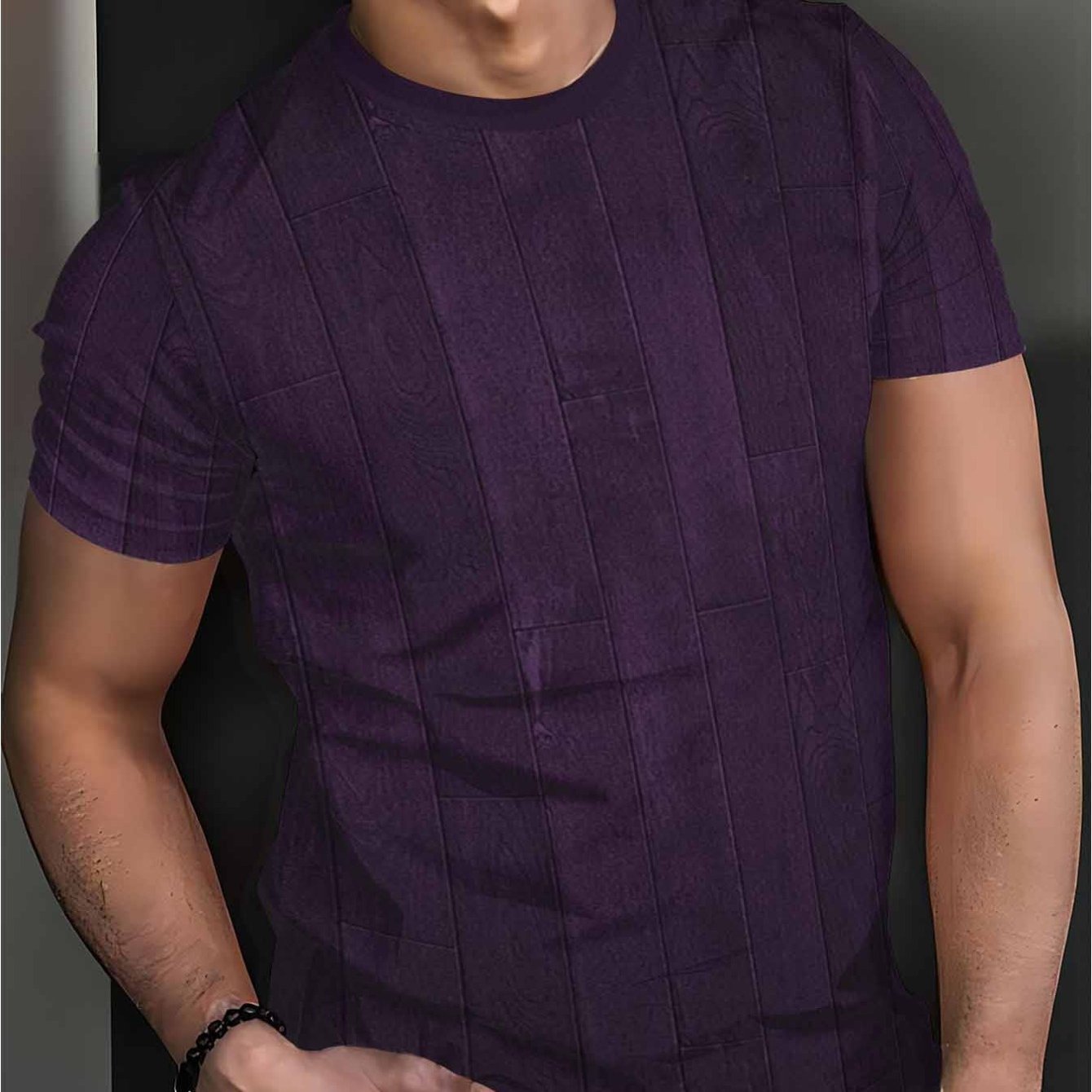 TEMU 's Summer New Dark Purple Short-sleeved T-shirt With Vertical Striped Texture Jacquard Design, Casual, Breathable, Slim-fit, Round Neck,