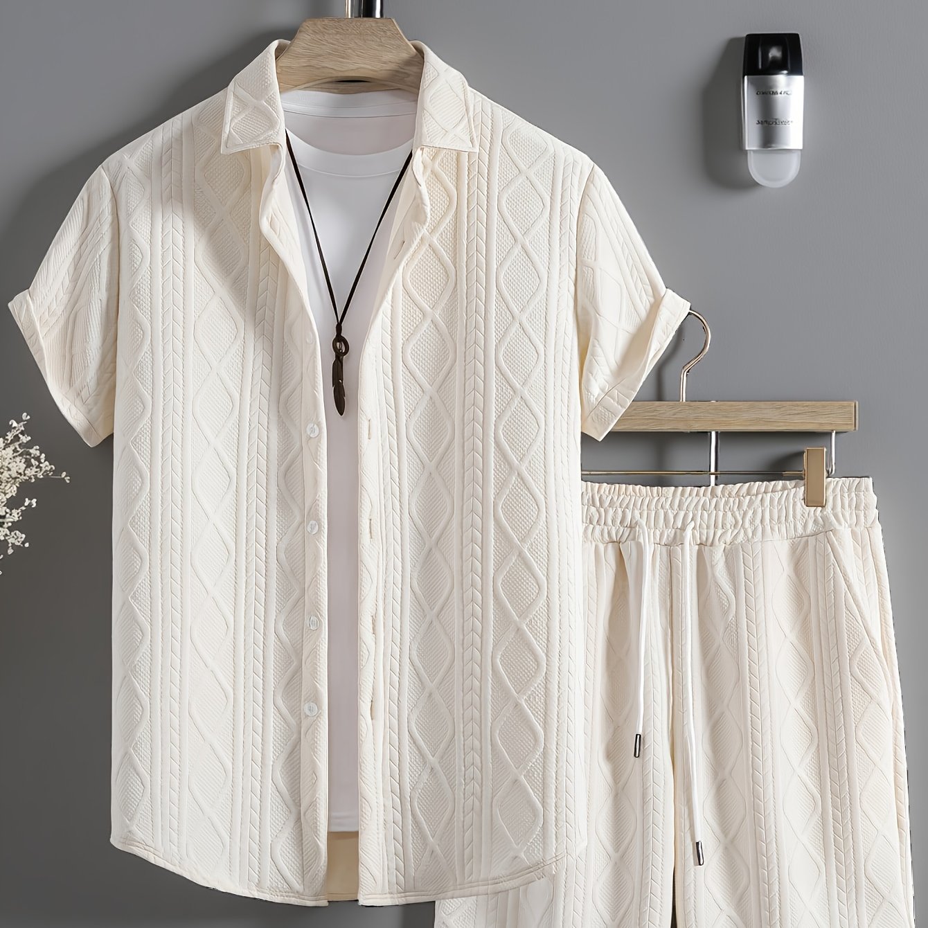 Men's Short Sleeve Shirt And Shorts Set, Thickened Solid Color Knit Jacquard Casual Comfortable High-quality Two-piece Suit