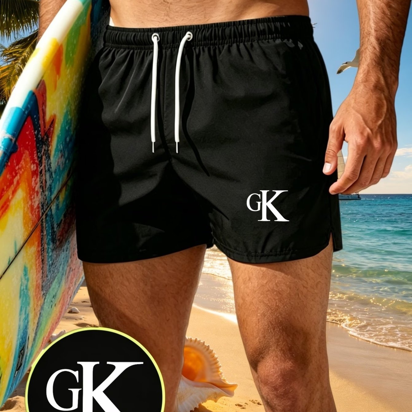 TEMU Men's Quick-dry Swim Trunks - Gk Letter Print Lightweight Breathable Beach Shorts With Drawstring Waistband, Non-sheer Fabric, Suitable For