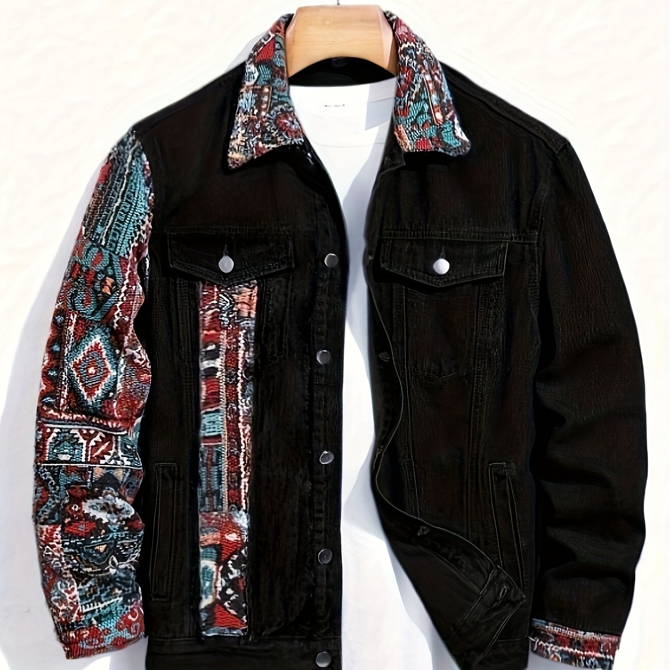 TEMU [hme] New Autumn And Winter Streetwear Retro Men's Denim Jacket, Featuring A National Trend And Ethnic Style Woven And Pieced Design, Heavy