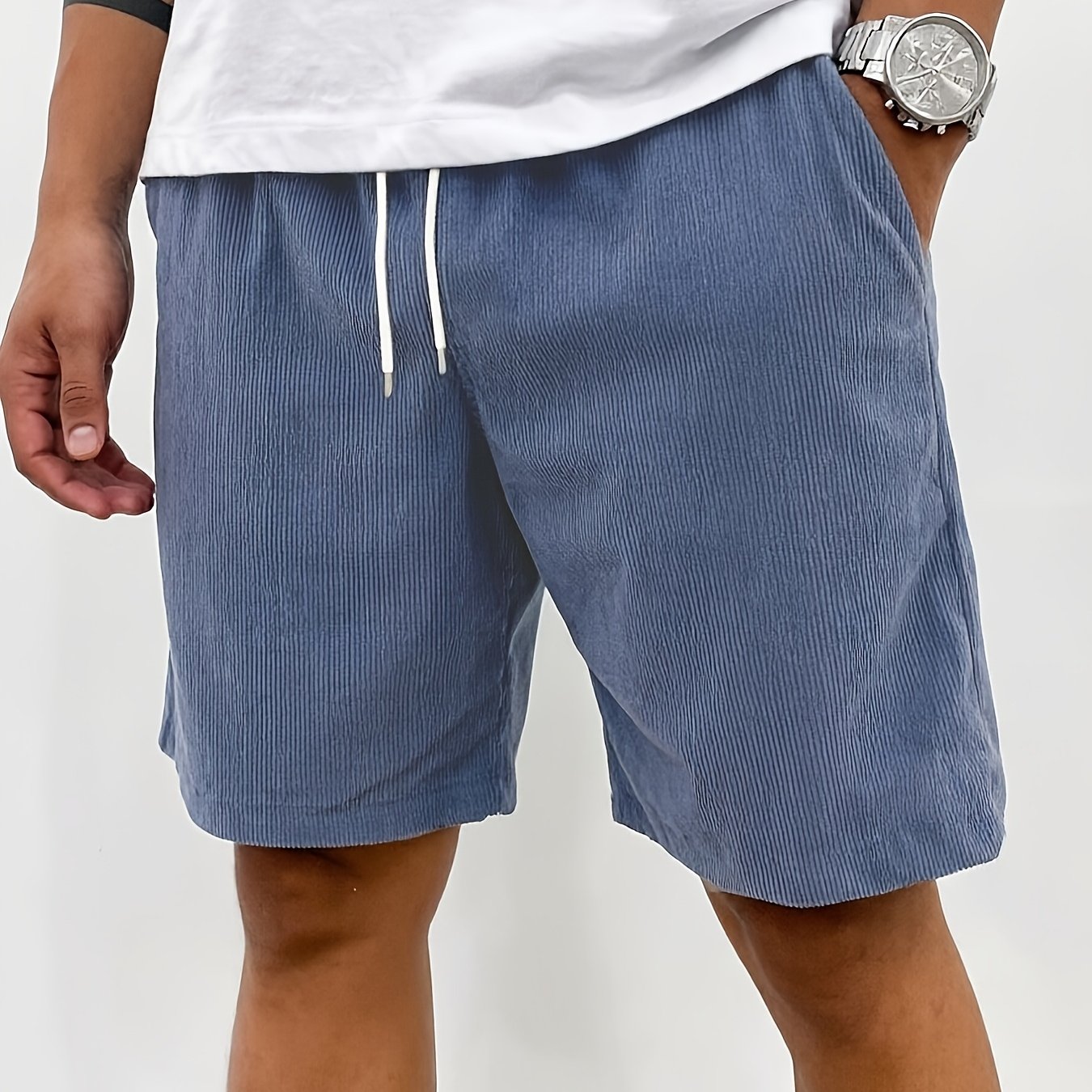TEMU Men's Corduroy Drawstring Casual Shorts, Lightweight Breathable Elastic Waist Loose Bermuda Shorts, Solid Color With Pockets Summer Beach Home