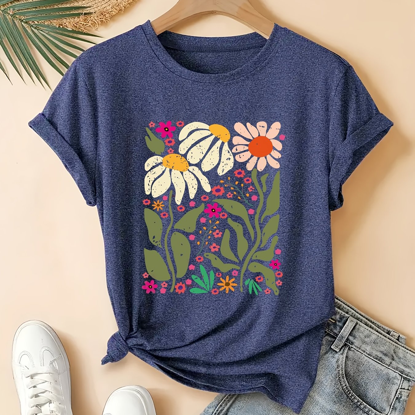 TEMU Women's Plus Size Casual T-shirt With Fresh Hand-painted Floral Print, Round Neck Short Sleeve, Fashionable For Commuting, Vacation, And Daily