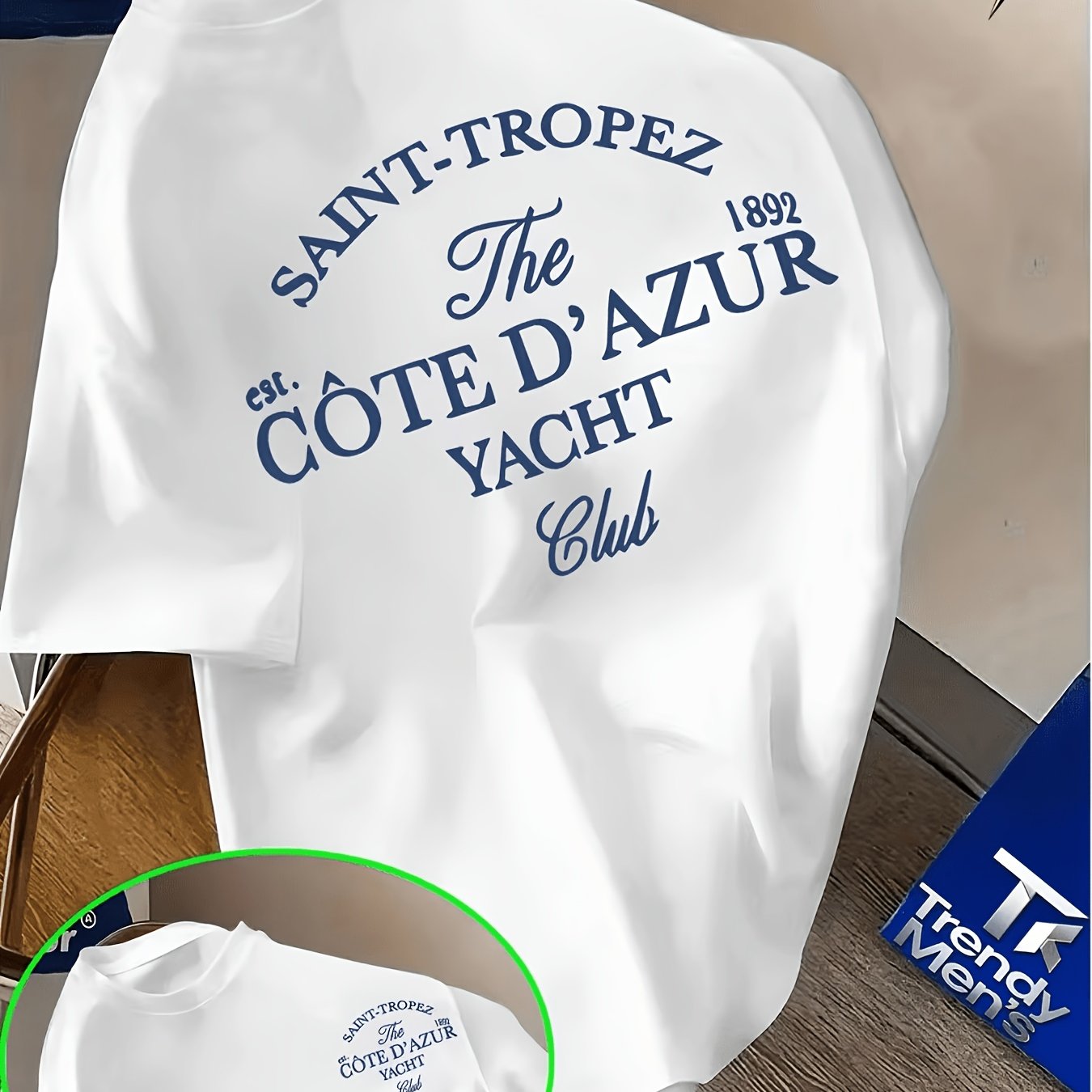 TEMU Men's Heavyweight Polyester Casual Short Sleeve T-shirt, Featuring A Saint-tropez Slogan Design With Yacht Club Print Style. Summer Outdoor