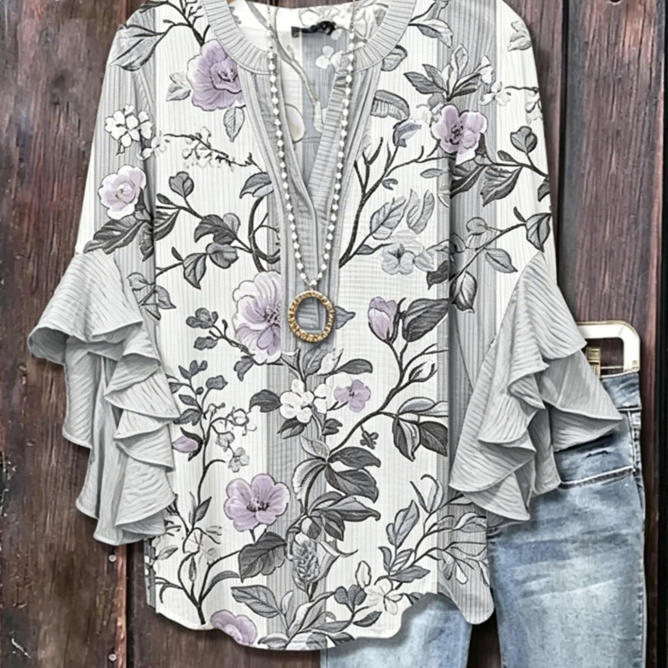Image of Plus Size, Plus Size - Plus Size - Semi-open V-neck Shirt, Women's, Light V-neck Sleeves 3 4 Length Top, Bohemian Floral Printed Skirt Style, Spring And Summer Casual Party Dress