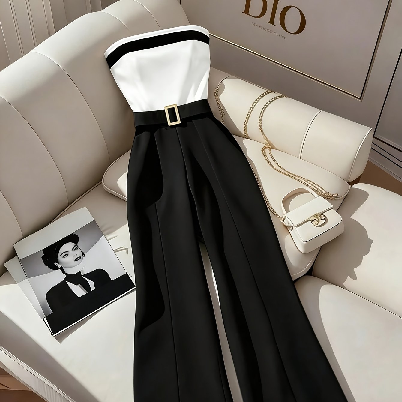 TEMU Women's Off-shoulder Spring Summer Contrast Jumpsuit, Fashion Slim Strapless Decor Metal Wide Leg Overalls, Suitable For Office , Party, Casual,