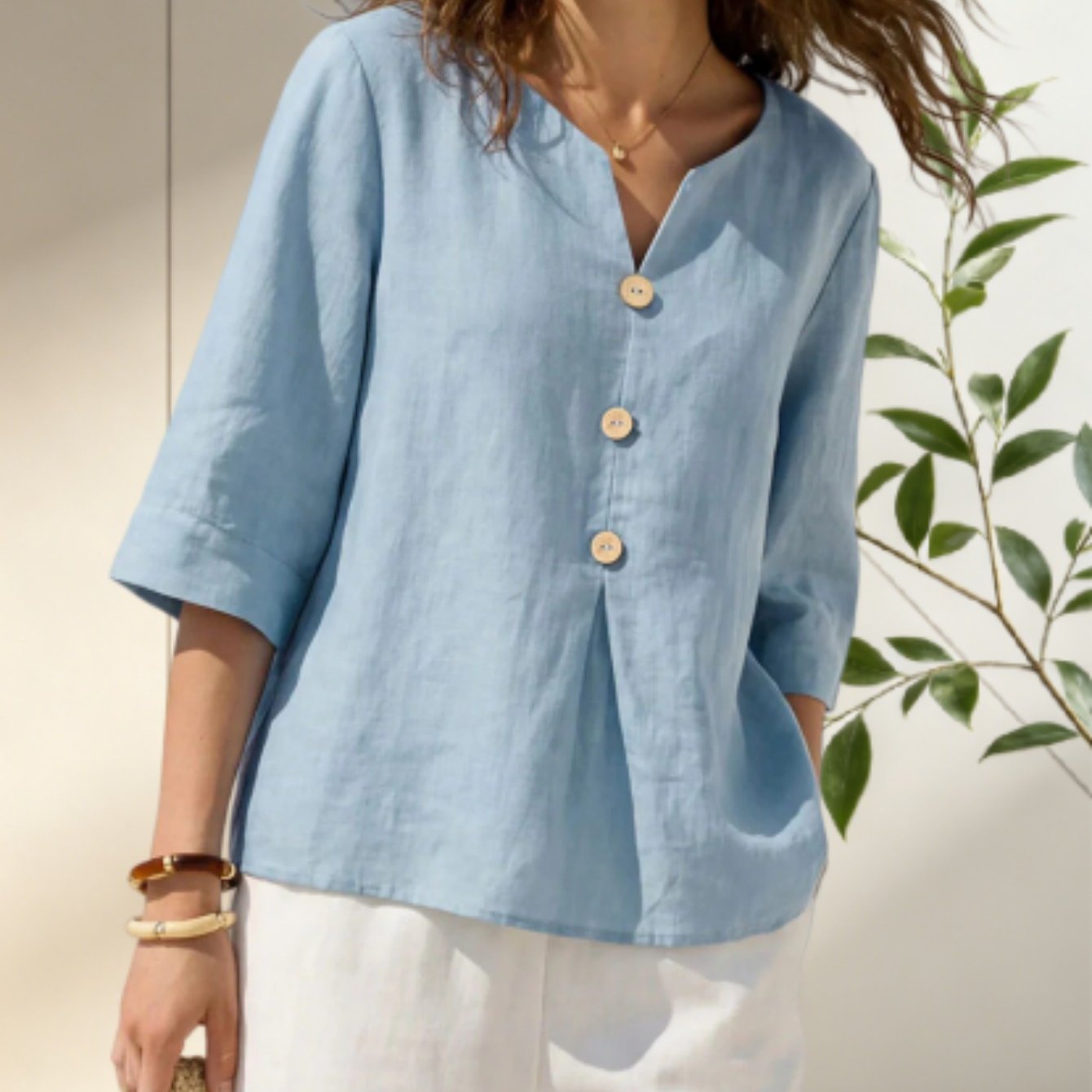 TEMU Women's V-neck Linen Shirt With Wooden Button Accents, Three-quarter Sleeves, Loose Fit For Figure Flattering Coverage, Breathable And