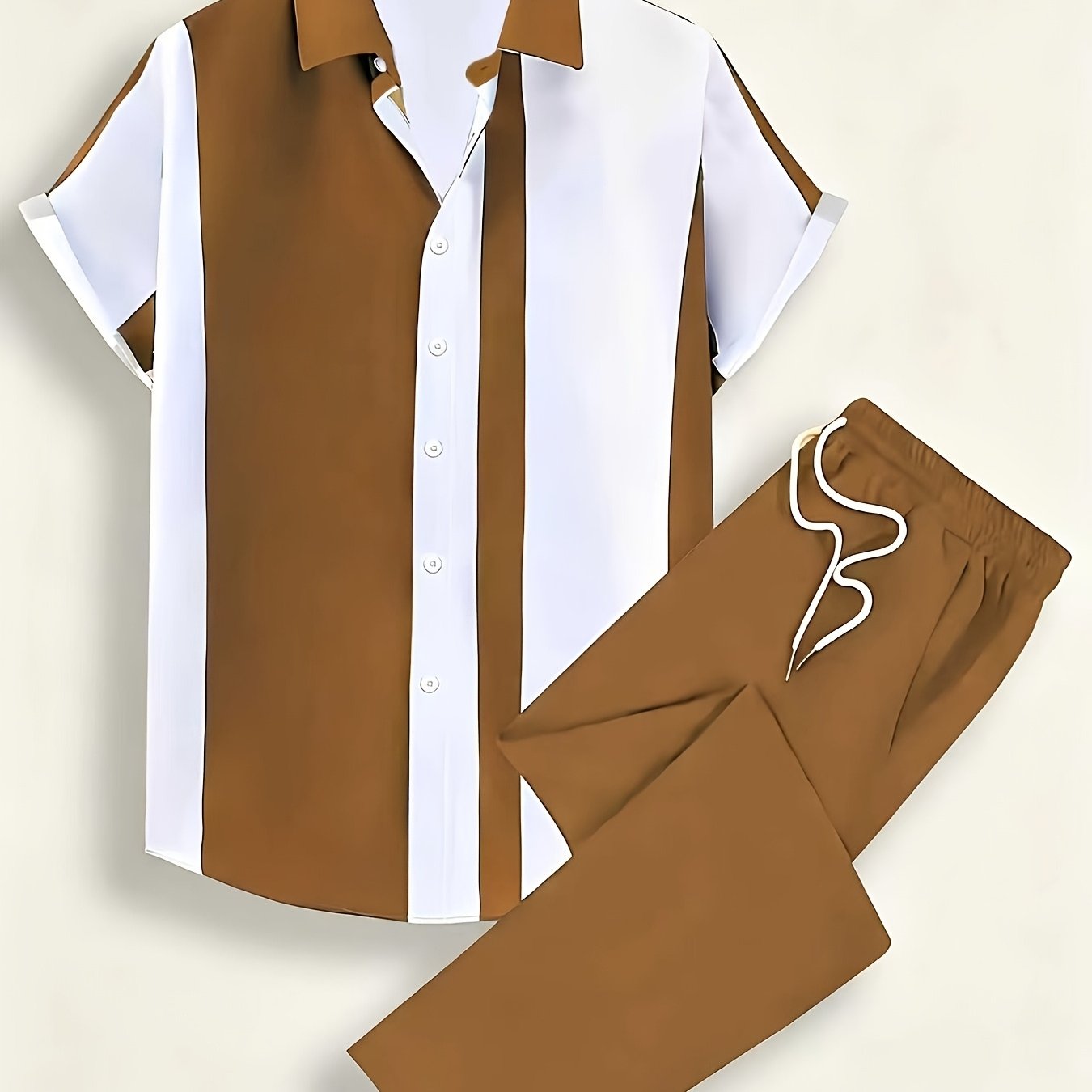 TEMU Men's Casual Sport Cardigan Button Short Sleeve And Long Pants Set, Summer, Regular Fit, , Daily Wear