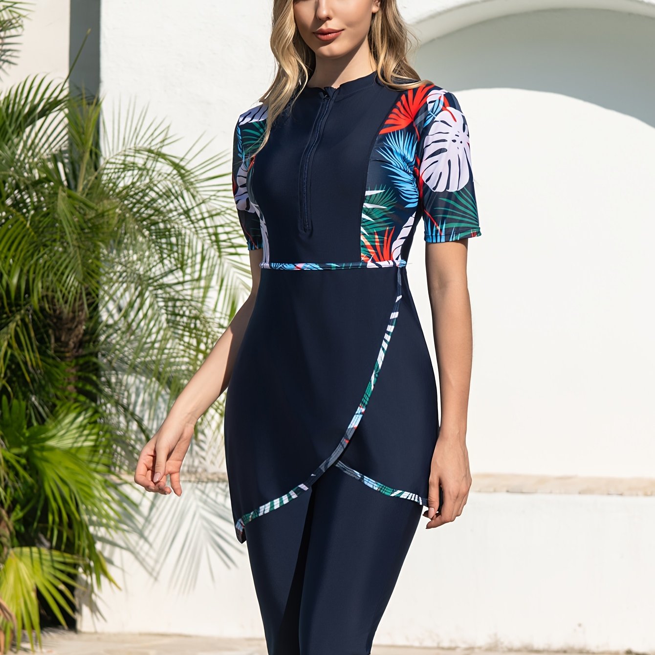 TEMU New 26 Ramadan 2pcs Burkini Set For Women, Tropical Plant Print, Conservative Middle Eastern Style Full-body Swimwear, Women's Summer Beach And