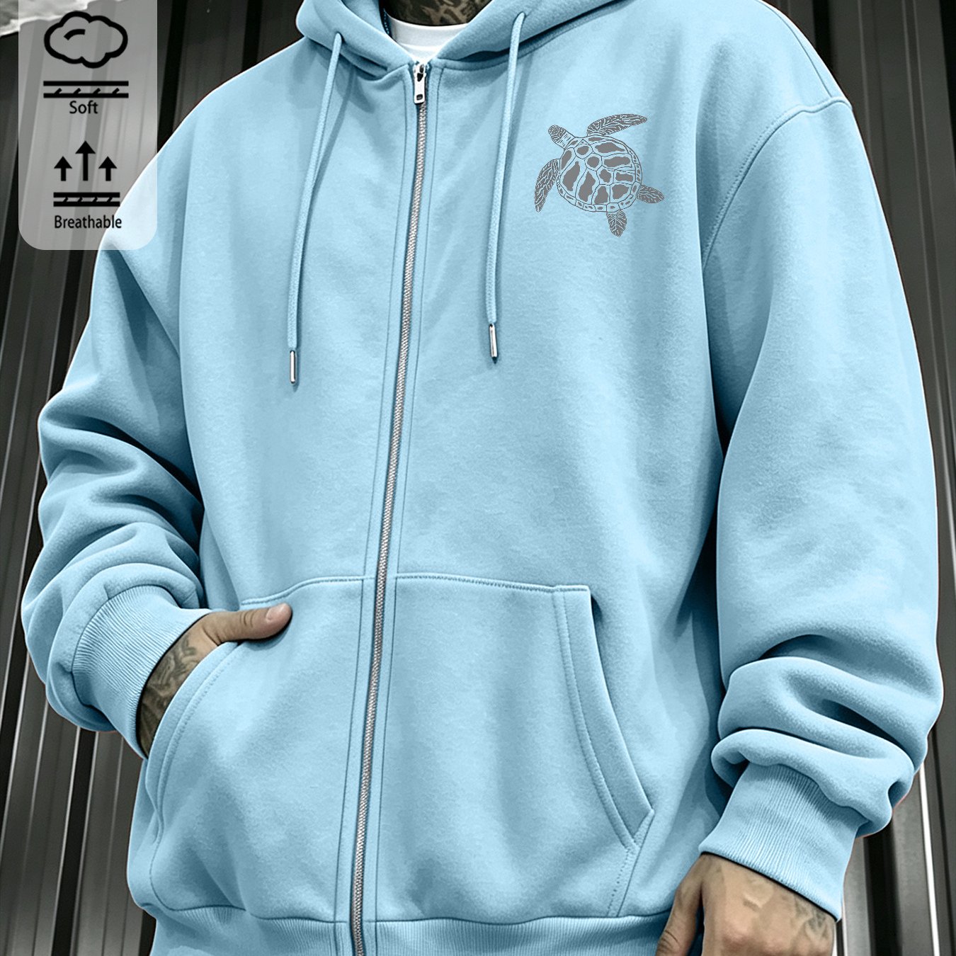 Image of Men's Fall Zip-up Hoodie With Pockets, Drawstring Hood, Gray Turtle Print, Loose-fit Long-sleeve Casual Jacket, From Local Warehouse.