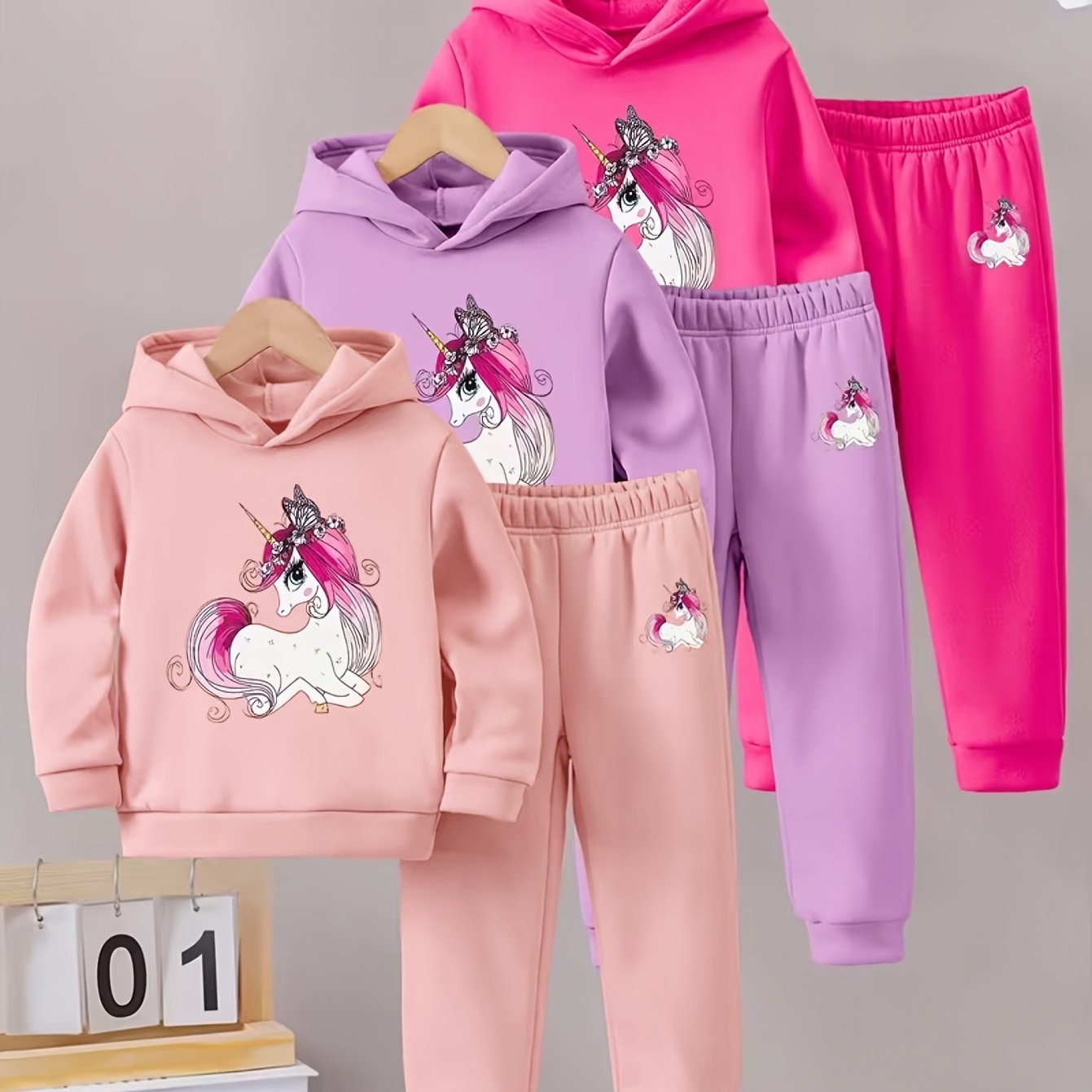 TEMU 2pcs Set, 1 Random Set , New Autumn/winter Creative Rainbow Unicorn Pattern Print -lined Hooded Sweatshirt And Sweatpants, Perfect For Outdoor