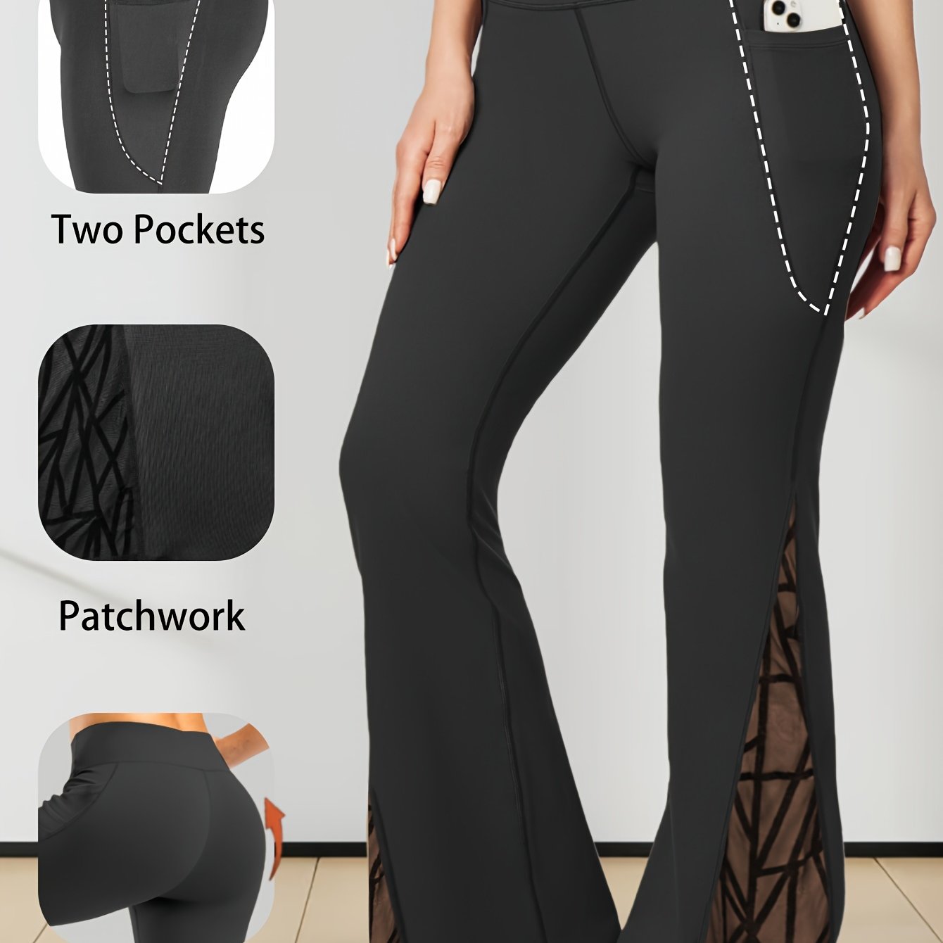 E-shop Damen Plus Size High-Waist Weitbeinige Yoga-Hose mit Transparentem Mesh-Seitenteil, Leggings für Outdoor-Sport, Spaziergänge Streetwear