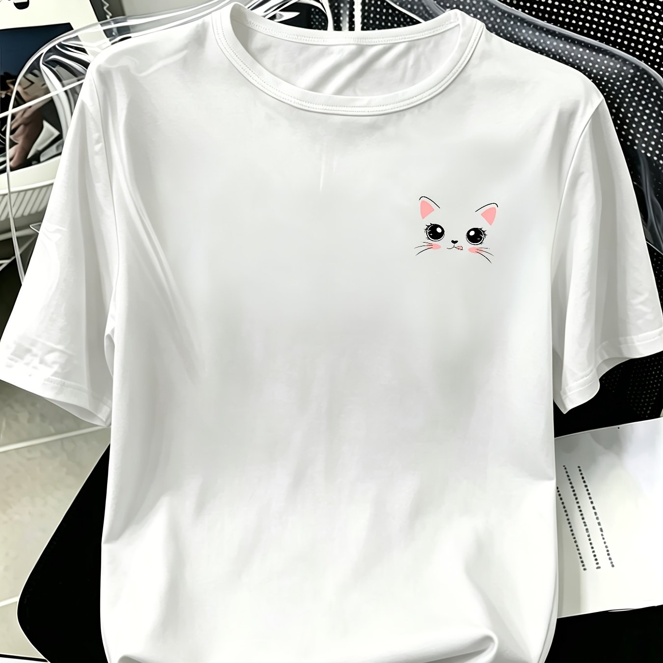 TEMU Y2k Women's Fashion Top - Creative Kitten Print Round Neck Slim T-shirt - Washable