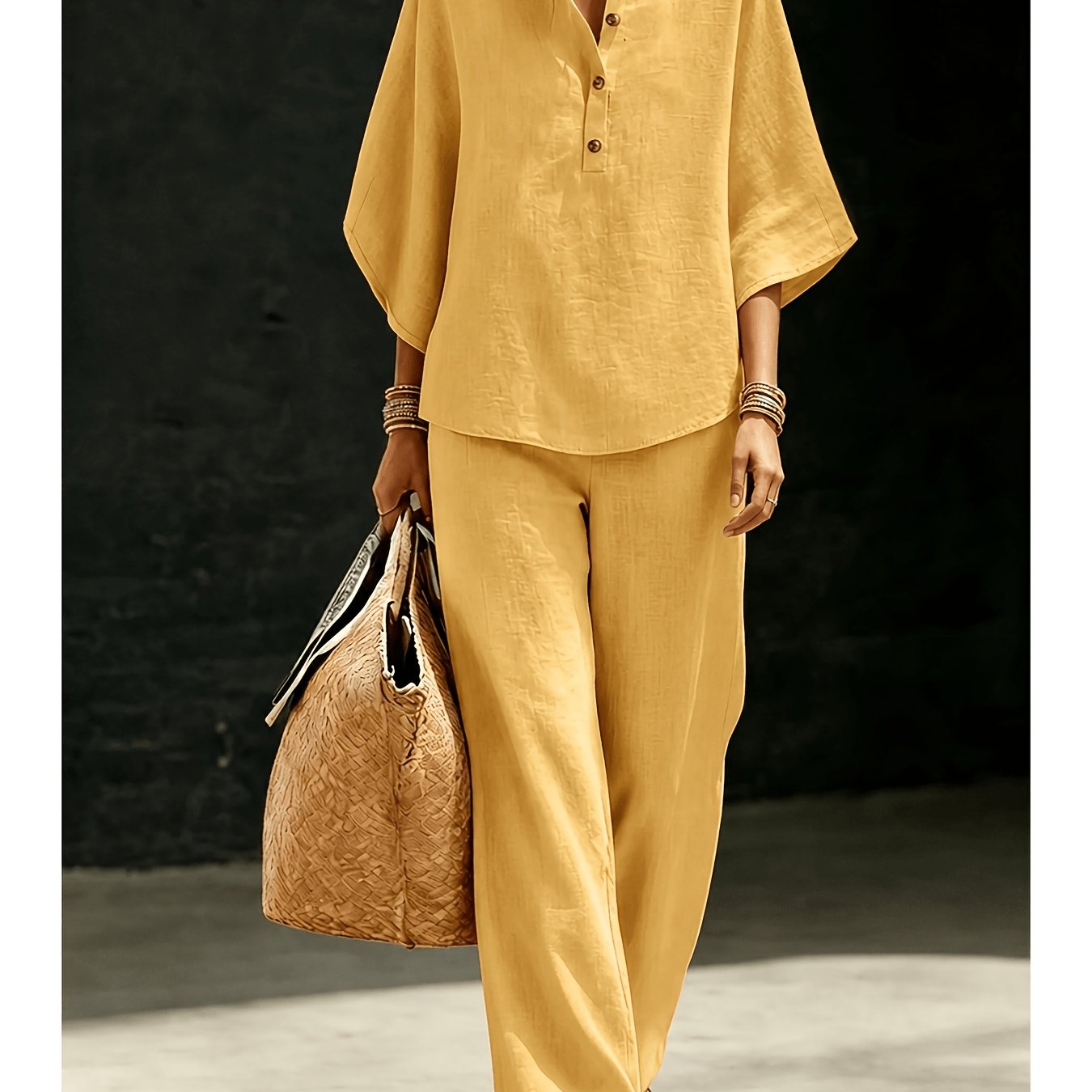 TEMU Ensemble Deux Pièces Style Vacances, Haut et Pantalon Large, Costume Élégant et Champêtre pour Femmes, Vêtements de Plage d'Été