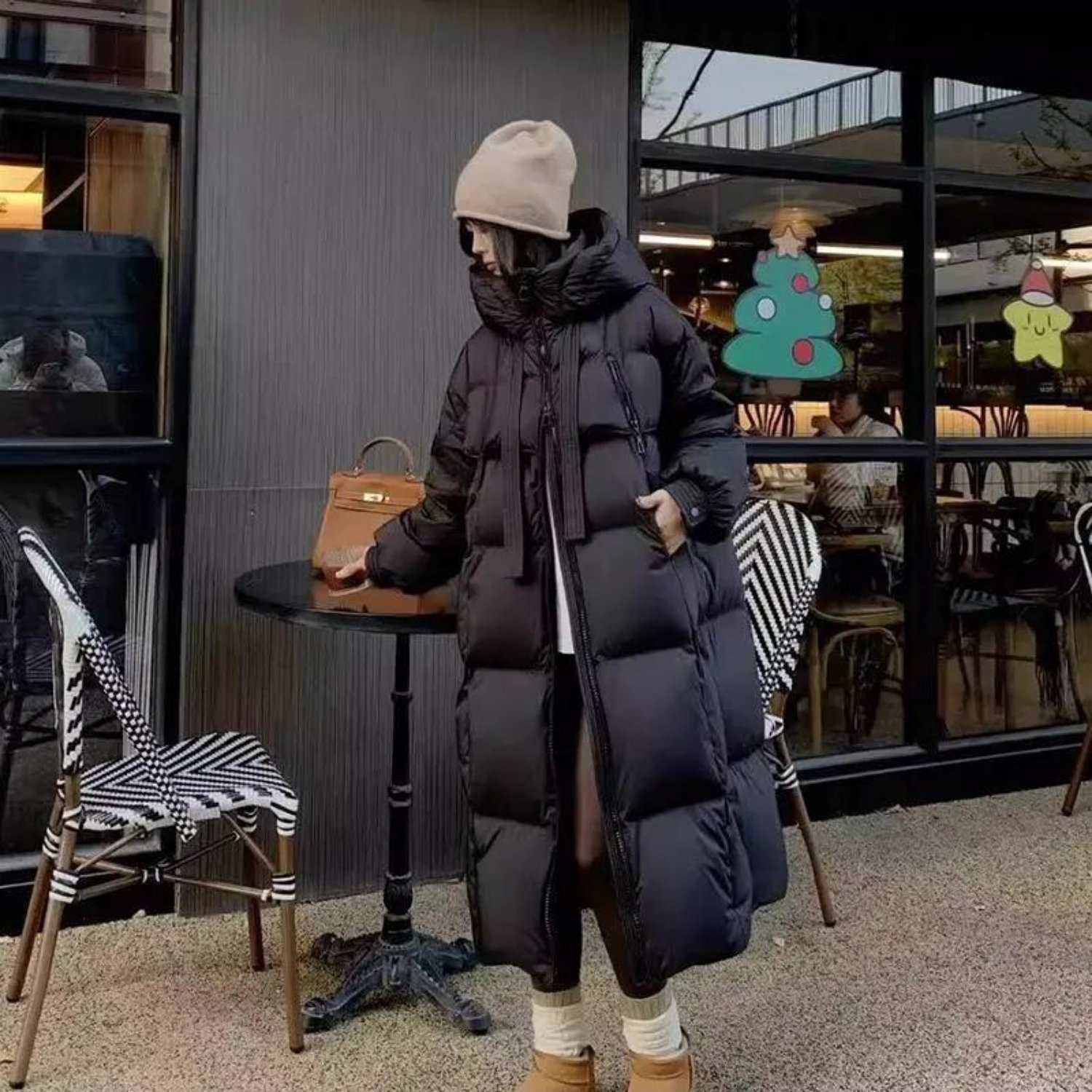 TEMU Chic Long Puffer Coat For Women - Fashionable Korean Style, Thick & Warm, Machine Washable, Polyester