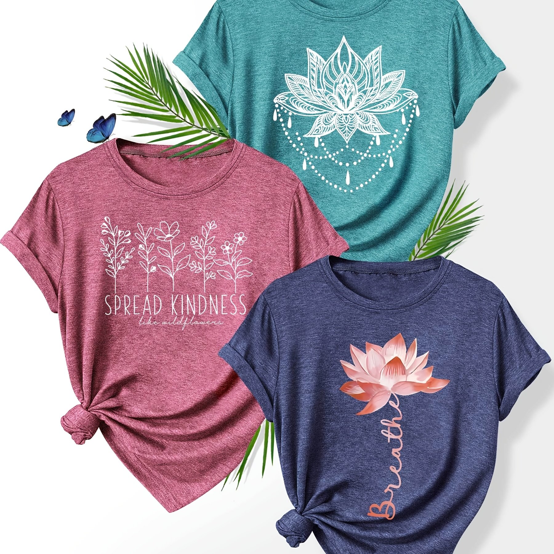 TEMU A Set Of 3 Stylish And Vintage Long-sleeve T-shirts For Women Featuring Colorful English Letters And A Lotus , Perfect For Casual Wear , Autumn,