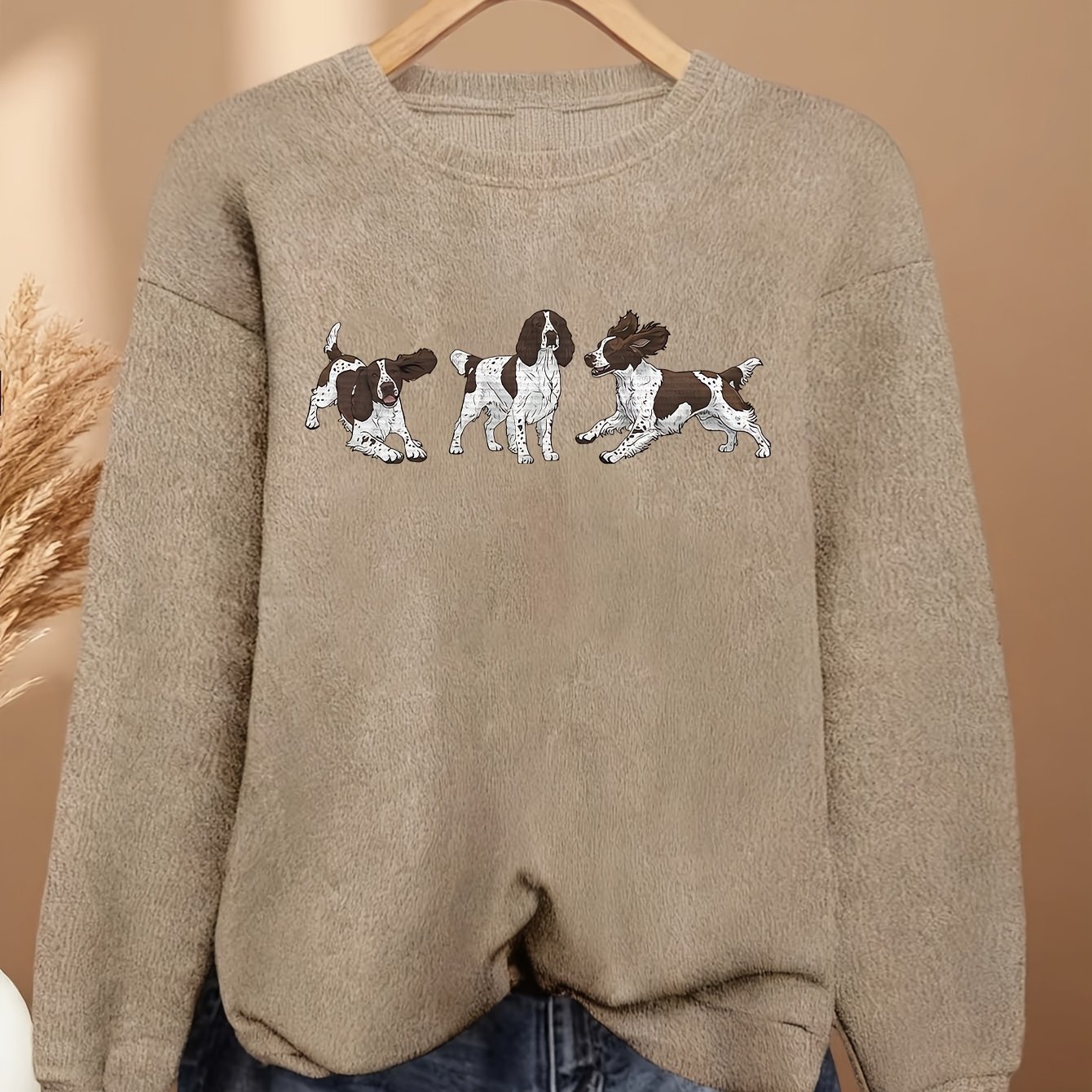TEMU Spaniel Women's Printed Warm Top| Long-sleeved Crew Neck Pullover, Soft And Stretchy Fabric, Comfortable Autumn And Winter Casual Top, Suitable