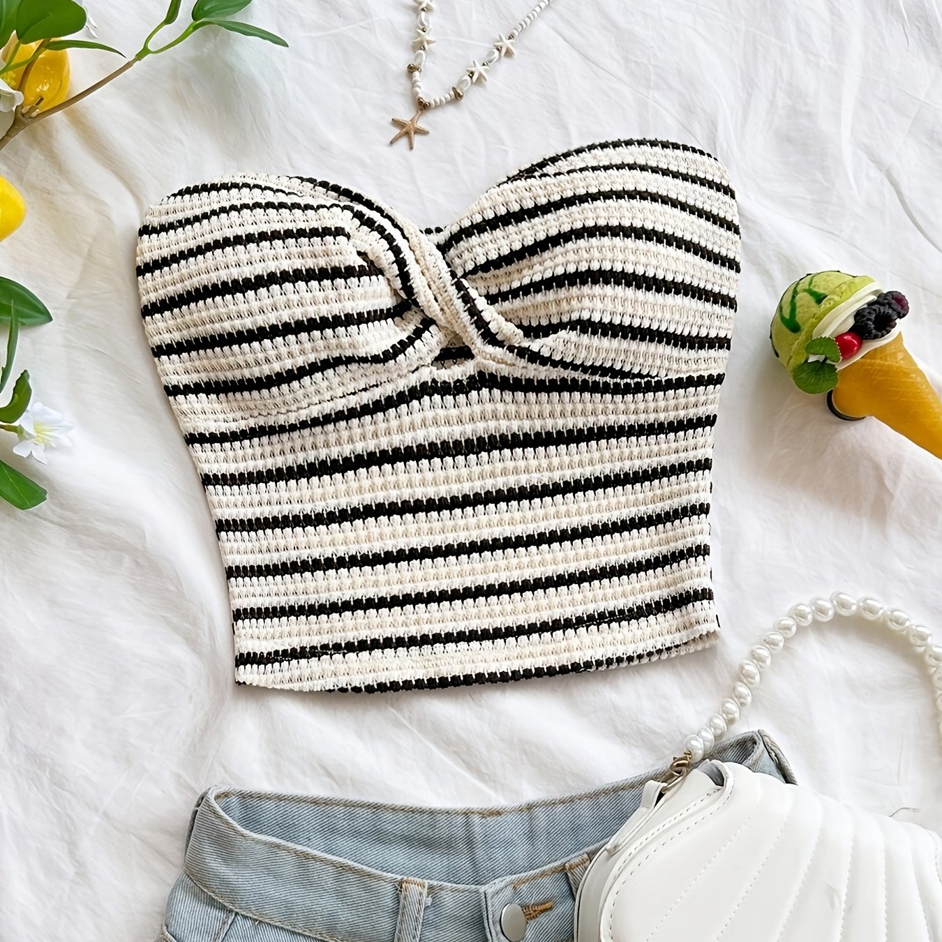 E-shop Elegantes gestreiftes Bandeau-Crop-Top mit Twist für Damen – Nicht geeignet, mittlere Dehnung, Blusen- Basic-Top für Strandmode, Freizeit &