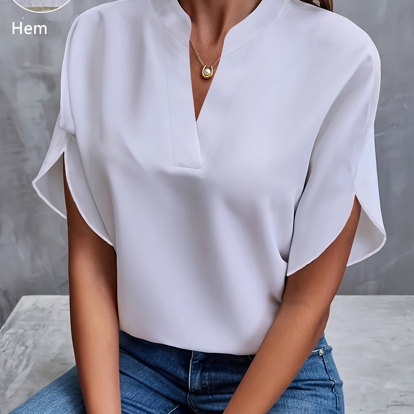 TEMU Plus Size - Women' Notched V-neck Loose Fit Blouse Top, Elegant Flowy Split Short Sleeve Shirt, Casual Work Wear, Daily Holiday Streetwear