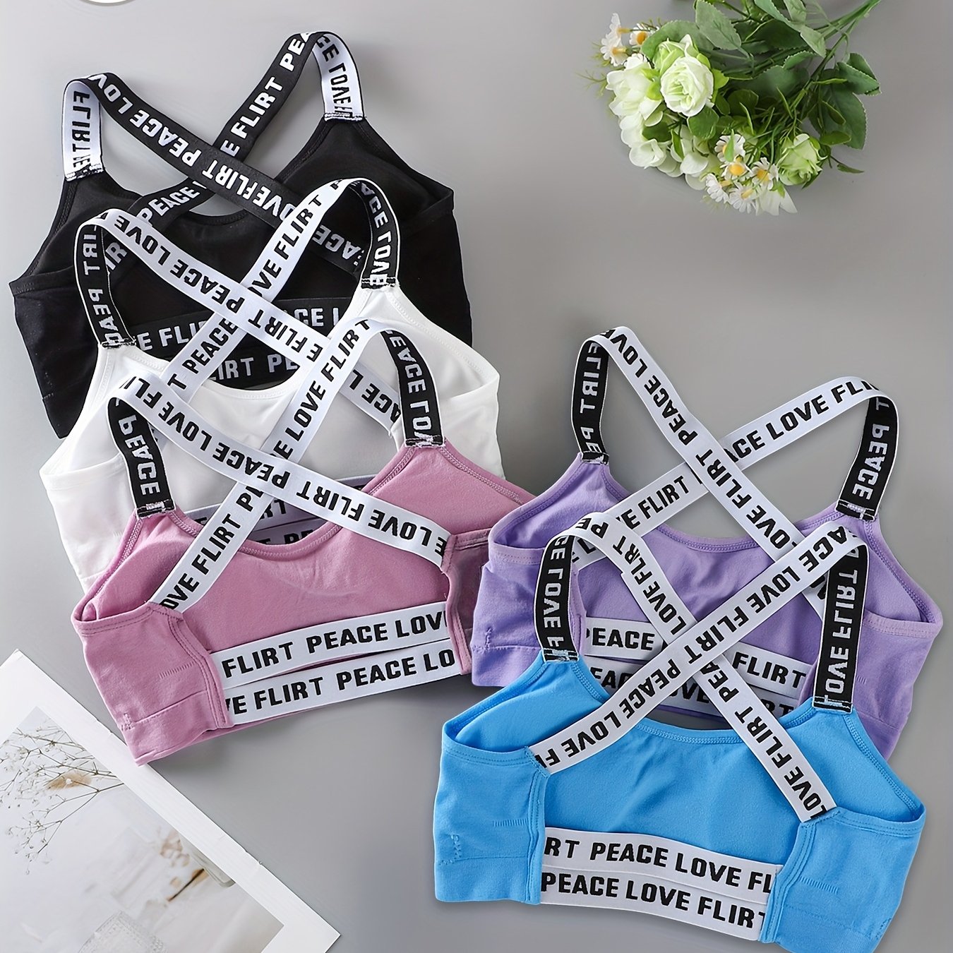 E-shop 5er-Pack Nahtlose, elegante Damen Unterwäsche Buchstaben Sport BH Träger Dekor Design Atmungsaktiv Hautfreundlich Bequem Weich Dessous