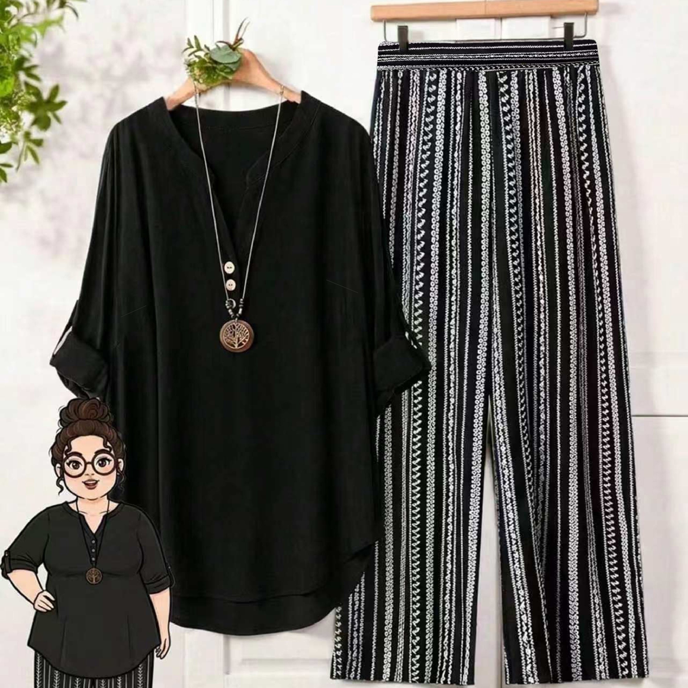 TEMU Plus Size, Plus Size Women's 2pcs Set: Printed Short Sleeve V-neck Button-up Top With Solid Color Casual Pants, Elegant Plus Size Outfit For