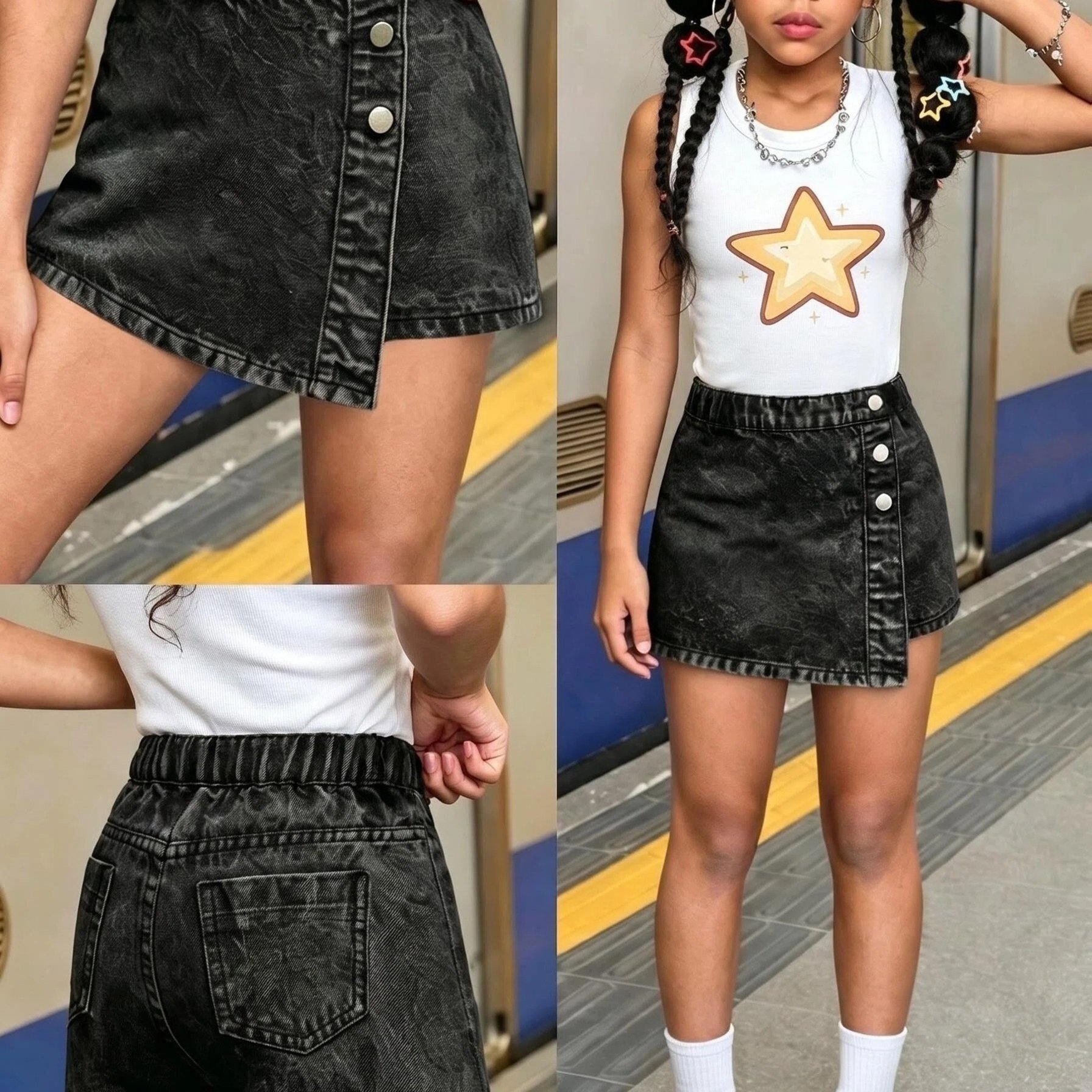 Girls' Pink Denim Skirt-pants, Spring And Summer Styles 3 And Up, Two-piece Denim Skirt-pants, A-line Version, Versatile And Suitable For Different Styles, Ideal For Festivals, Leisure, , And Wear